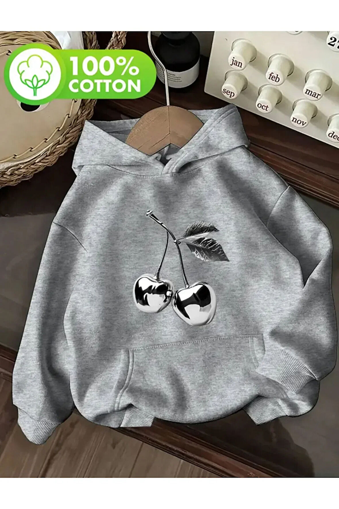 Kiraz Baskı Detaylı İçi Polarlı Kapüşonlu Sweatshirt