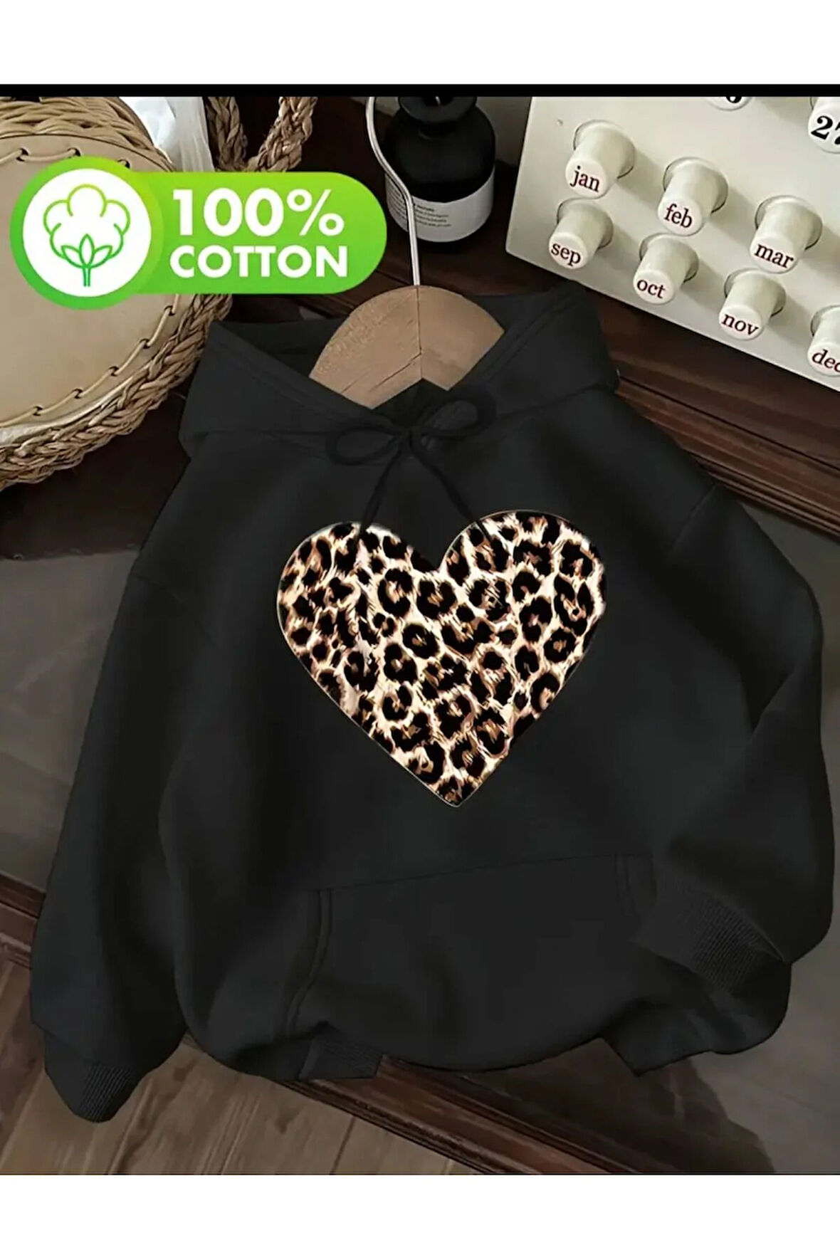 Leopar Kalp Baskı Detaylı İçi Polarlı Kapüşonlu Sweatshirt