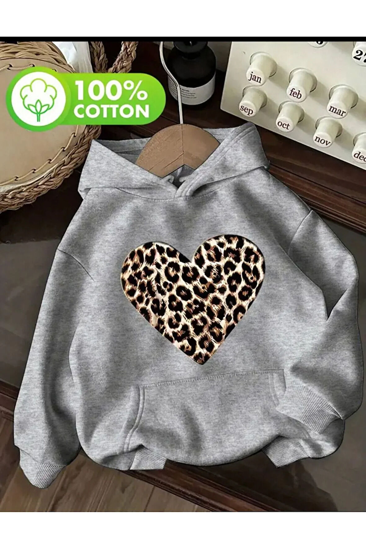 Leopar Kalp Baskı Detaylı İçi Polarlı Kapüşonlu Sweatshirt