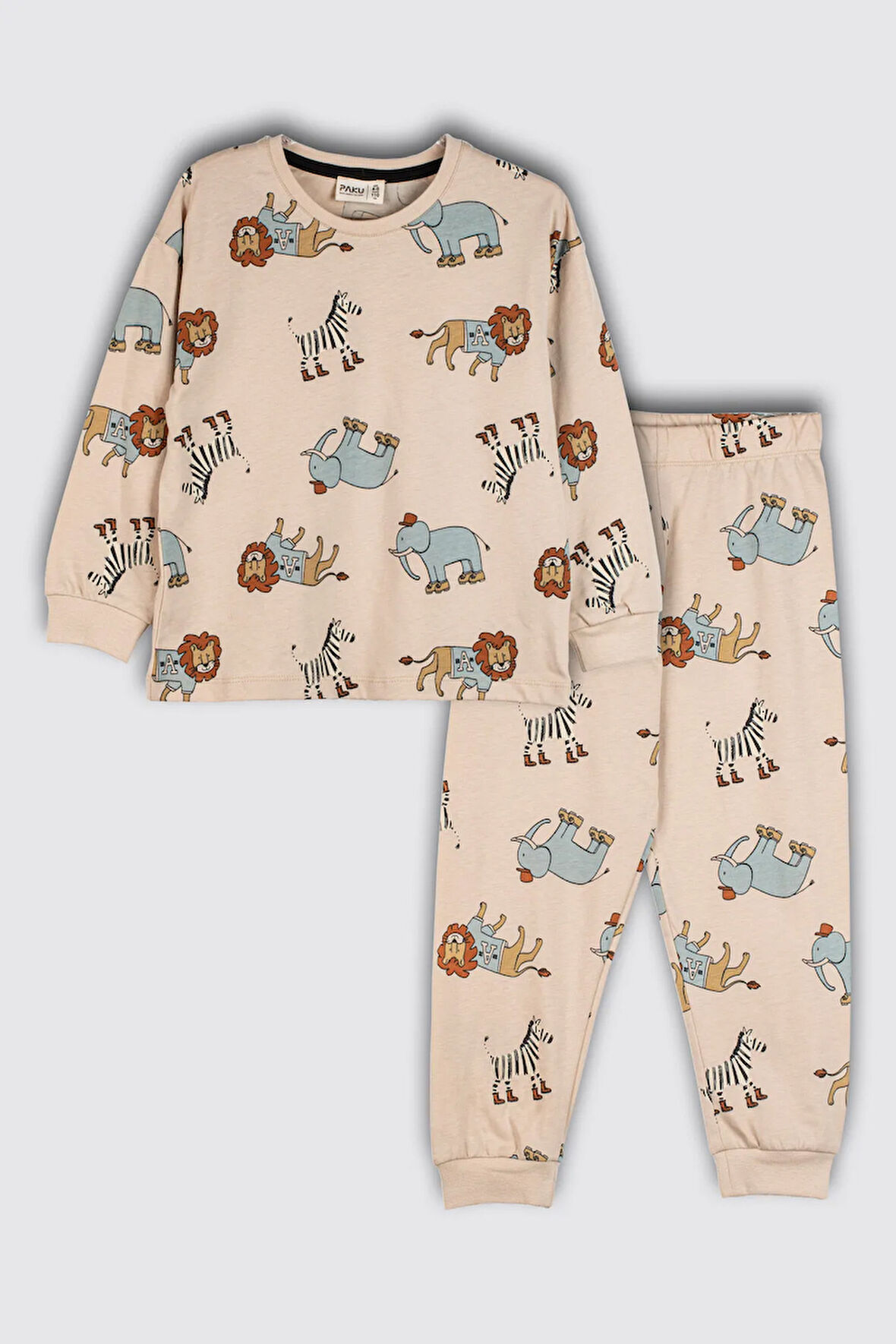 Sevimli Animal (Aslan-Zebra-Fil) Desenli %100 Pamuk Çocuk Pijama Takımı