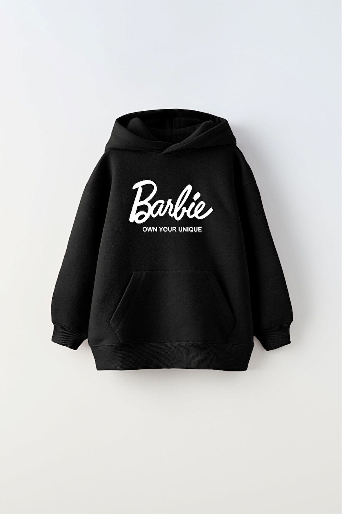  Kapüşonlu İçi Polar Barbie Own Your Unique Yazı Baskılı Siyah Unisex Çocuk Hoodie Sweatshirt