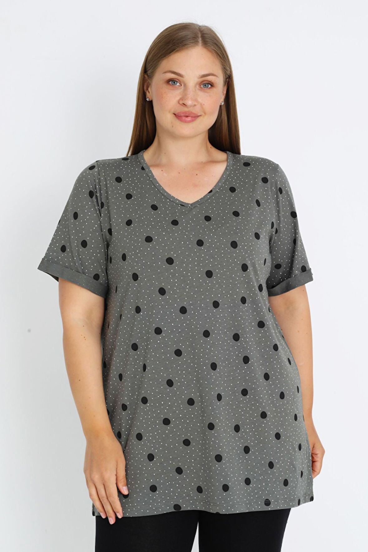 Kadın Puantiyeli Kısa Kollu Pamuklu T-Shirt