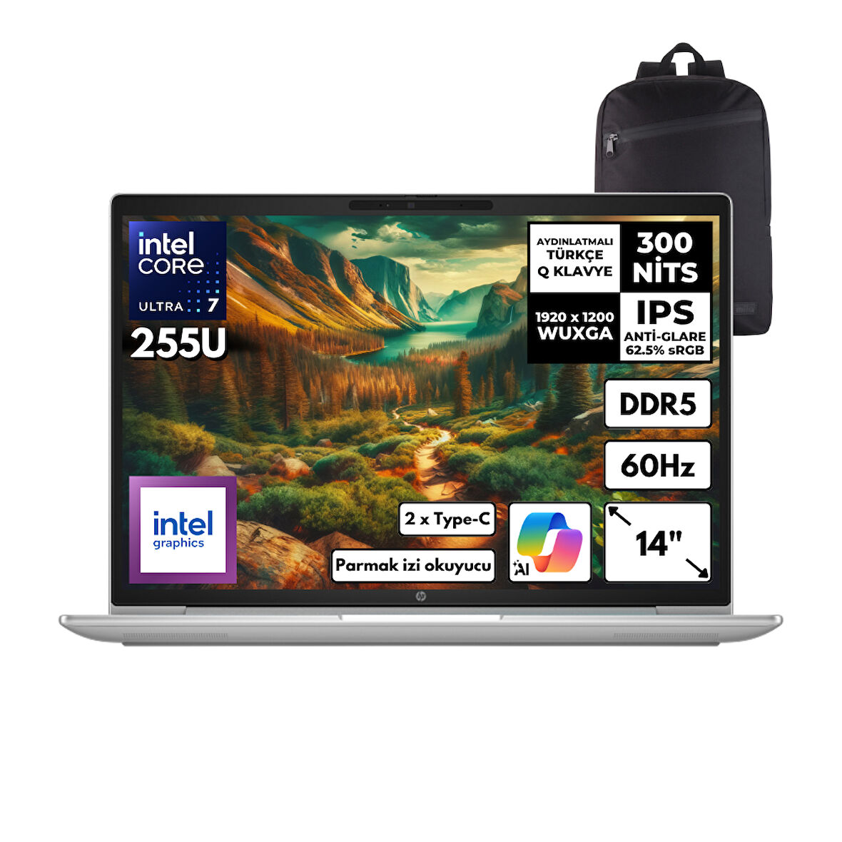 Hp Probook 4 G1i Ultra 7-255U 24-GBDDR5 512 GBSSD Intel Graphics 14" WUXGA Windows 11 Pro + HMF Sırt Çantası C9FH1ETHMF46