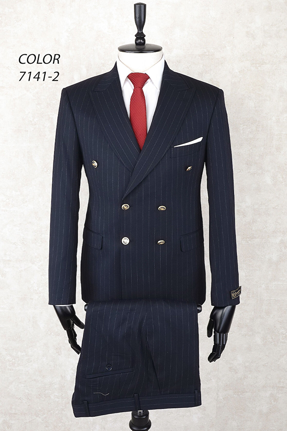 Kruvaze Metal Düğme Geniş Sivri Yaka Slim Fit Çift Yırtmaç Lacivert Drop 6 Takım Elbise