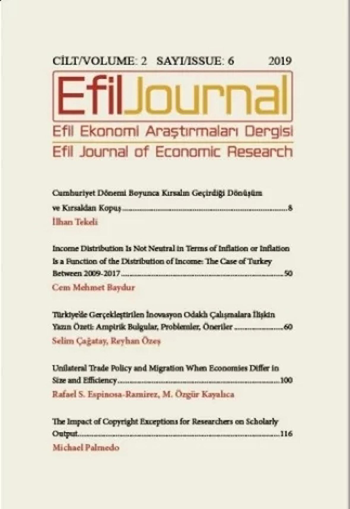 Efil Ekonomi Araştırmaları Dergisi Cilt: 2 Sayı: 6