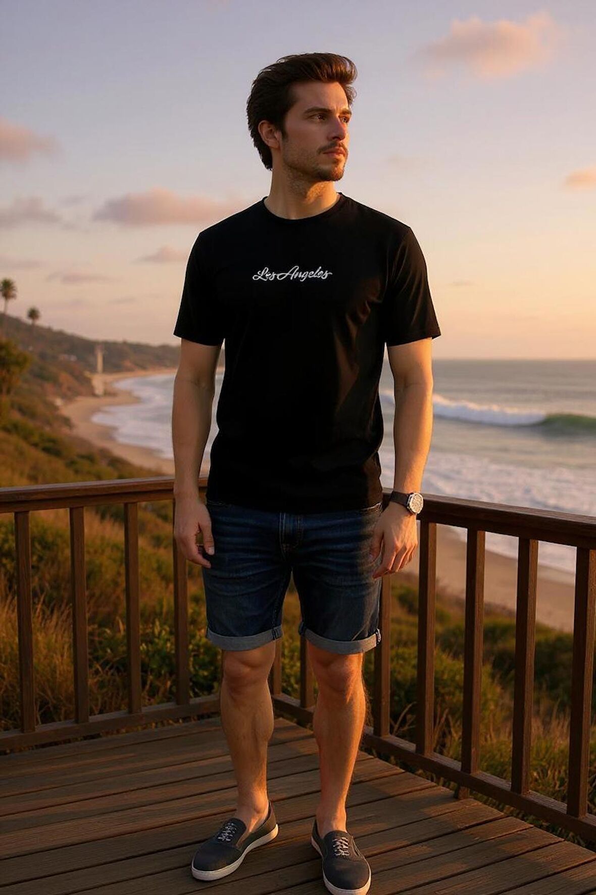Erkek  Slim Fit Los Angeles Baskılı Pamuklu T-Shirt