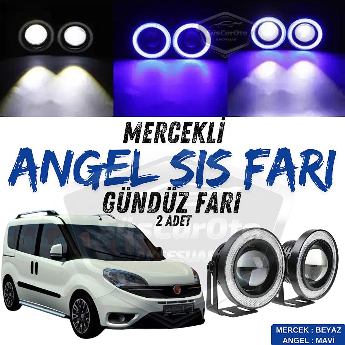 Fiat Doblo D4 2015-2021 Uyumlu Üniversal Mercekli Angel Sis Farı Metal Su Geçirmez 76 mm Mavi Halkalı Gündüz Farı Angel Eyes 2 Adet