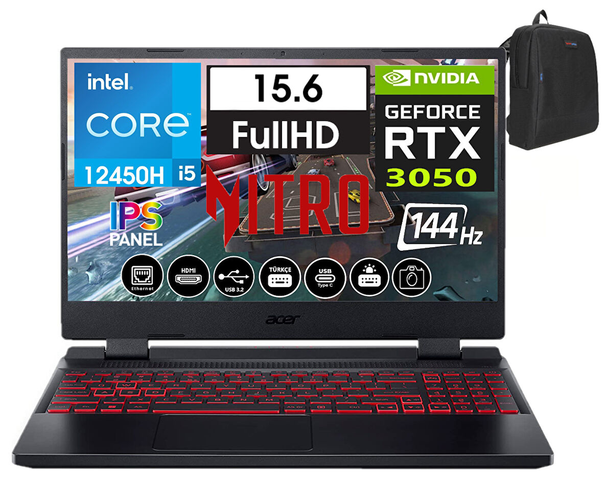 Acer Nitro 5 AN515-58 Intel Core I5 12450H 64GB 512GB SSD 4GB/RTX3050 WINDOWS11PRO 15.6" 144 Hz Fhd IPS Taşınabilir Bilgisayar NNHQFJEY00B53+WEBLEGELSINÇANTA