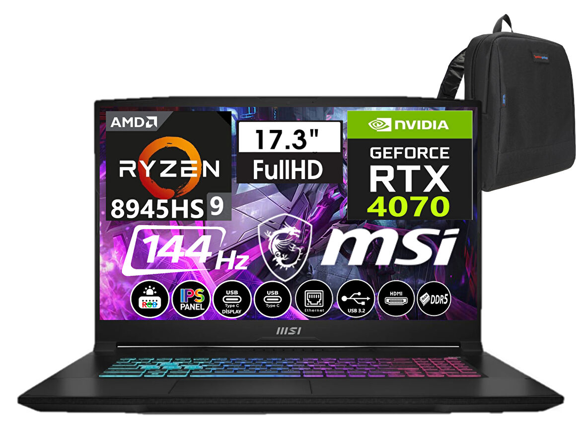 Msı Katana A17 Aı Amd Ryzen 9-8945HS 96GB Ddr5 4tb SSD 8GB/RTX4070 WINDOWS11PRO 17.3" 144 Hz Fhd IPS Taşınabilir Bilgisayar B8VG-862XTRW60+WEBLEGELSINÇANTA