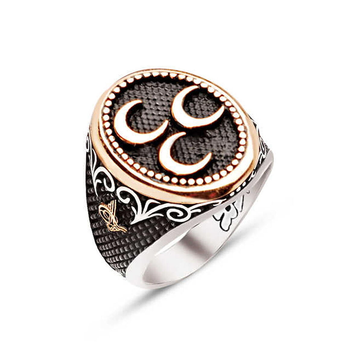 Amberkan ​​​Gümüş Özel Kesim Üstü Üç Hilal ve Kenarları Osmanlı Tuğralı Motif İşlemeli Yüzük
