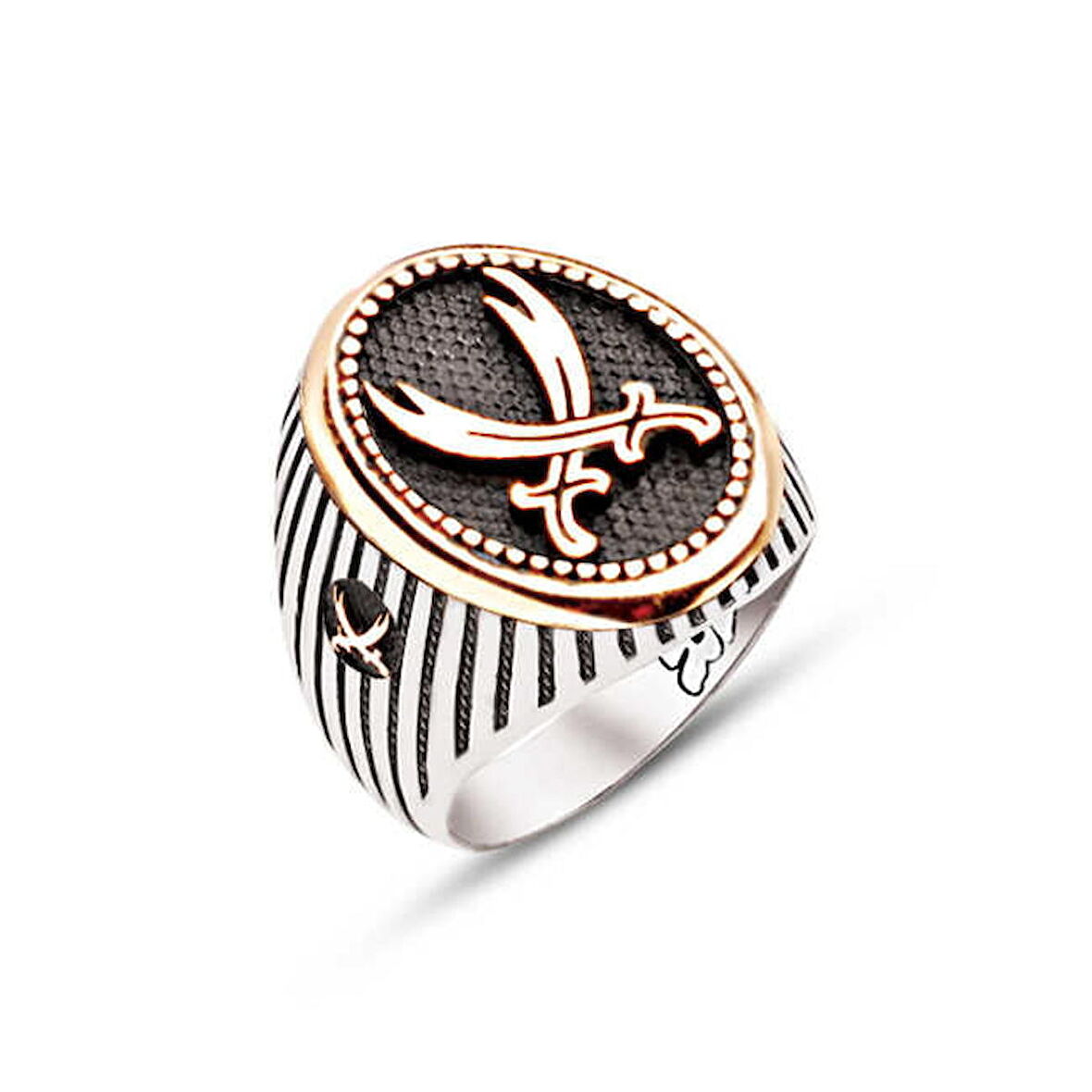 Amberkan Gümüş Üstü ve Yanları Hz. Ali Kılıcı Zülfikar İşlemeli Yüzük
