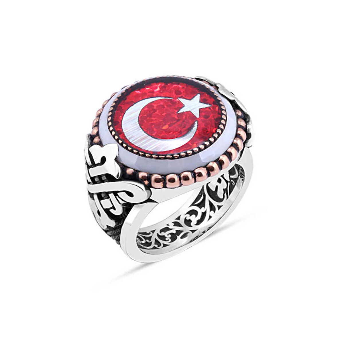 Amberkan Mineli Türk Bayrağı Kenarı Çember Taşlı Erkek Yüzük
