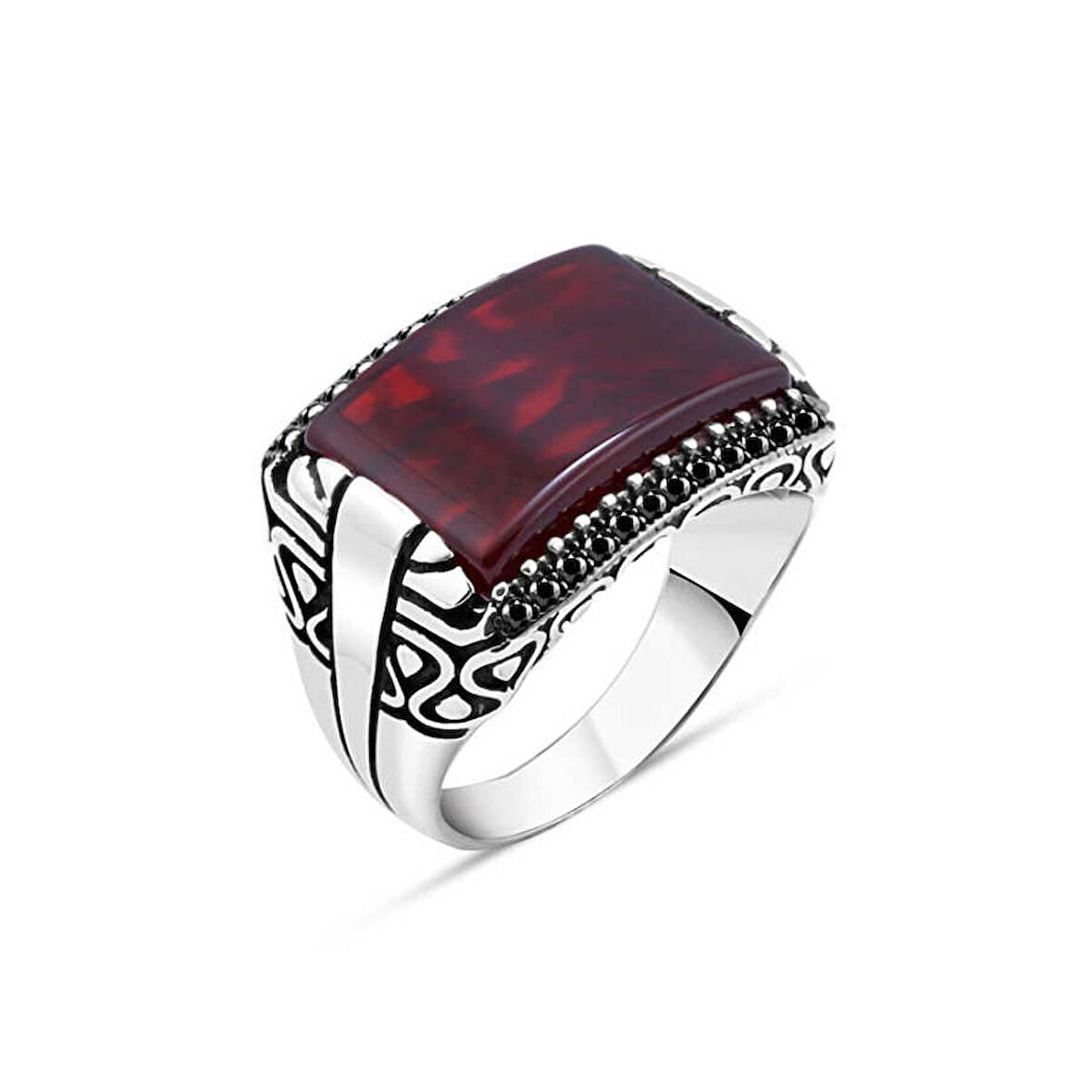 Amberkan Akik Taş Kenarları Minik Siyah Zirkon Taşlı Erkek Yüzük