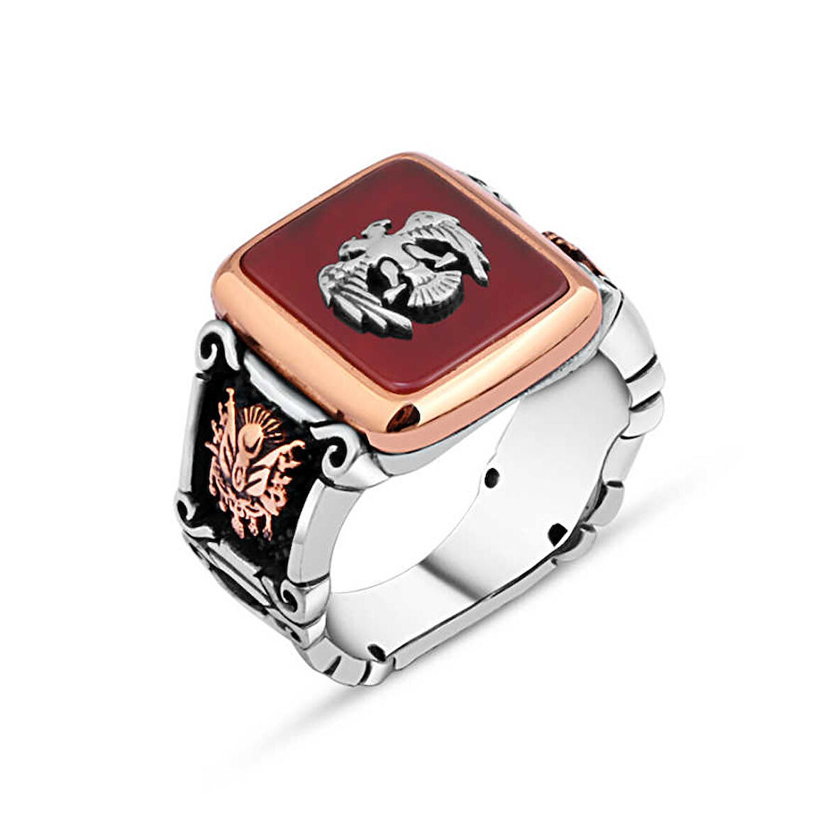 Amberkan Akik Taş Üzeri Çift Başlı Erkek Yüzük