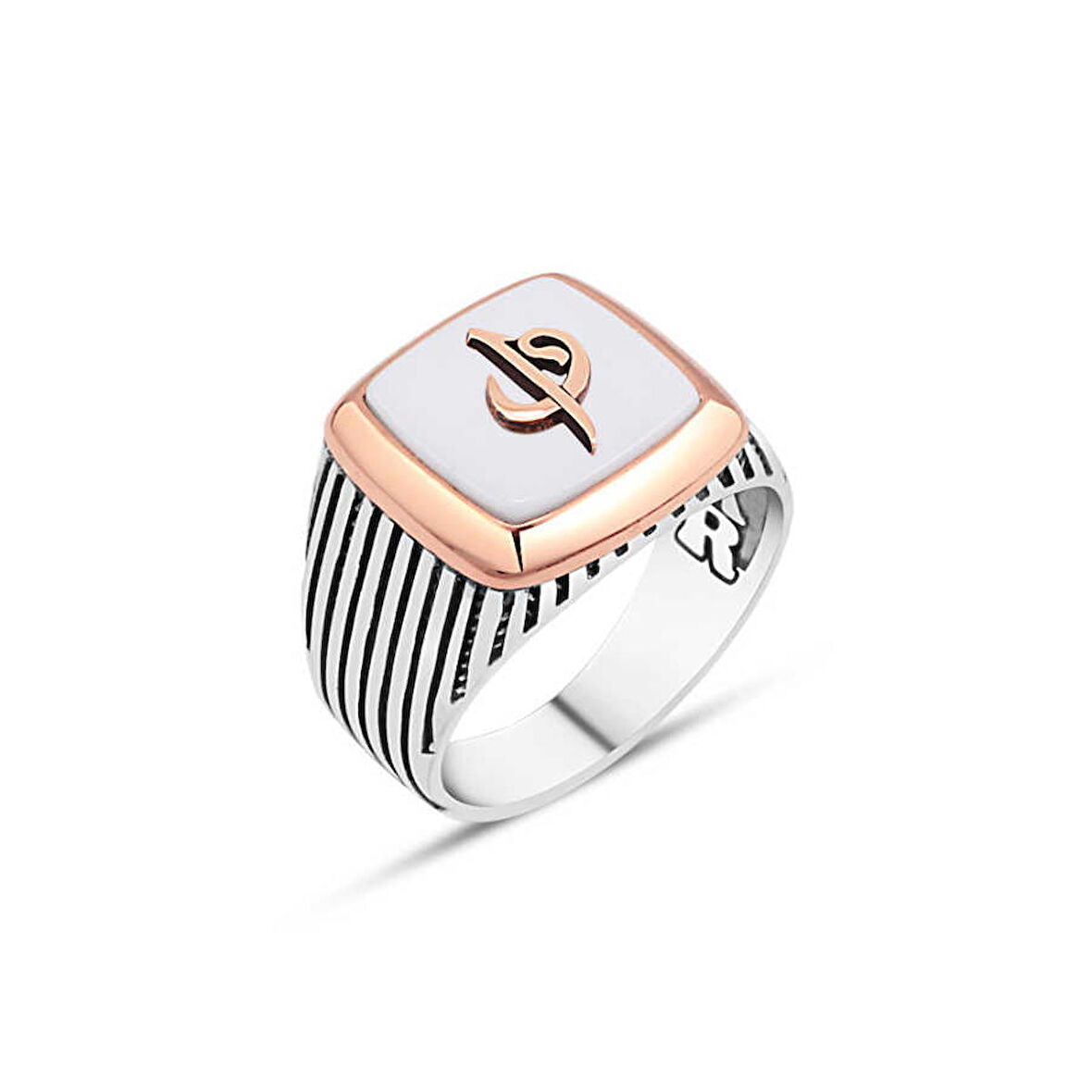 Amberkan Beyaz Oniks Taş Üzeri Elif-Vav Yazılı Erkek Yüzük