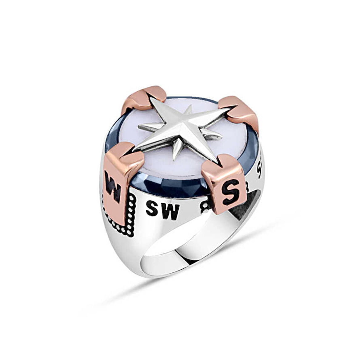 Amberkan Beyaz Oniks Taşlı Pusulalı Erkek Yüzük