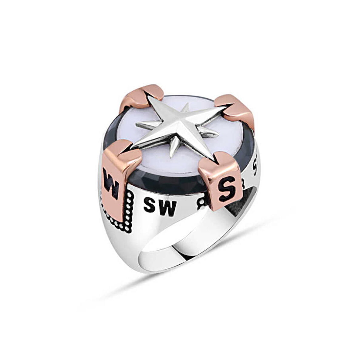 Amberkan Beyaz Oniks Taşlı Pusulalı Erkek Yüzük