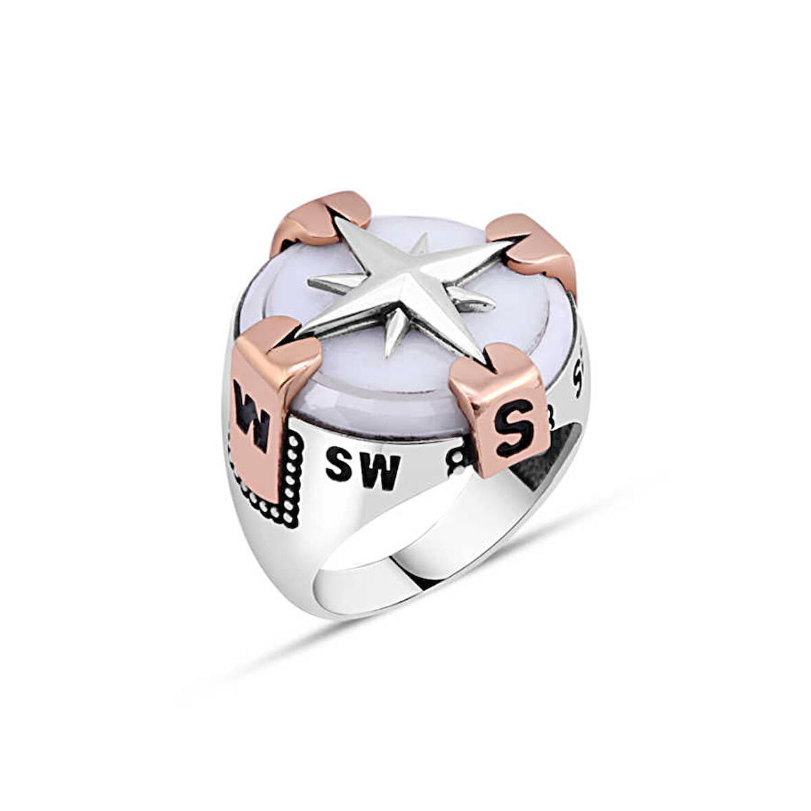 Amberkan Beyaz Oniks Taşlı Pusulalı Erkek Yüzük