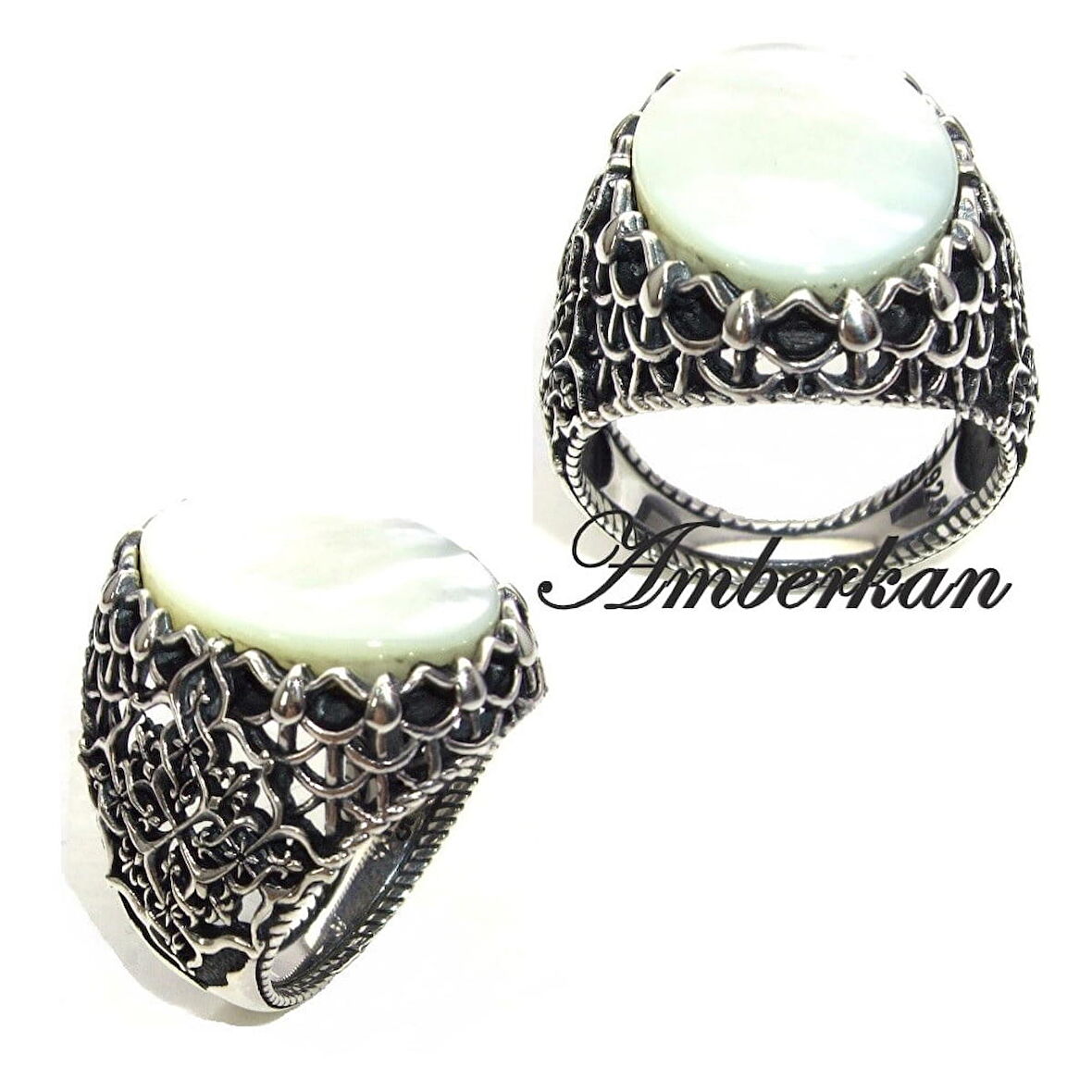 Amberkan Düz Sedef Taşlı Özel Tasarımlı Erkek Yüzük