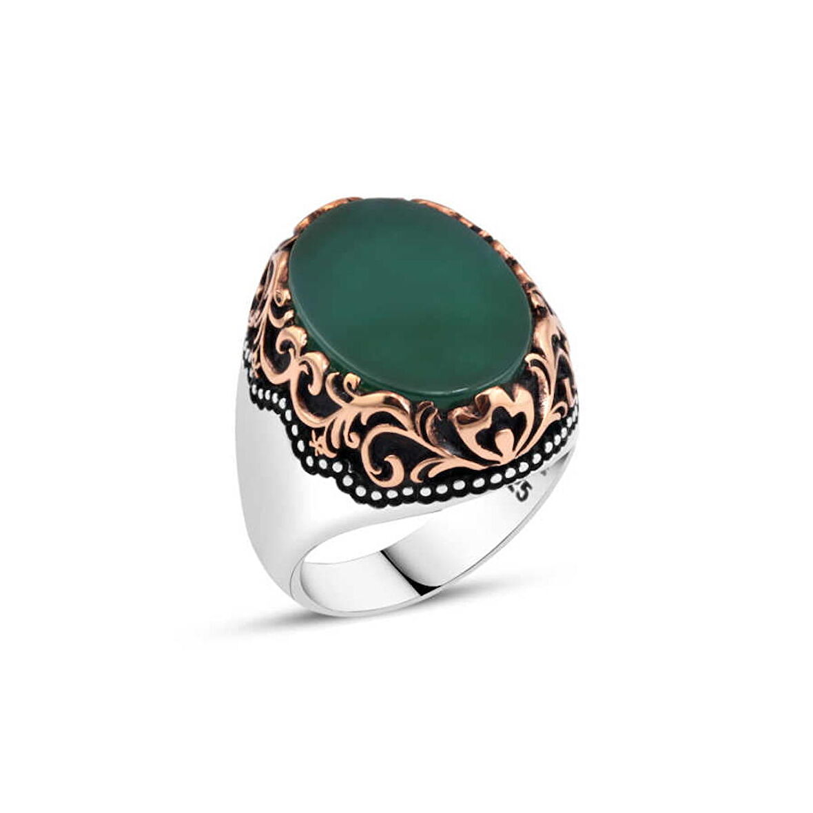 Amberkan Düz Yeşil Akik Taşlı Erkek Yüzük