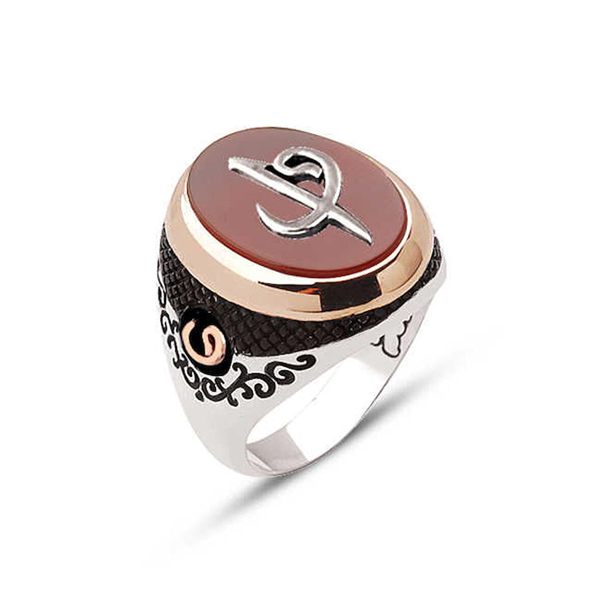 Amberkan ​Gümüş Akik Taşlı Üstü Elif Vav İşlemeli Yüzük