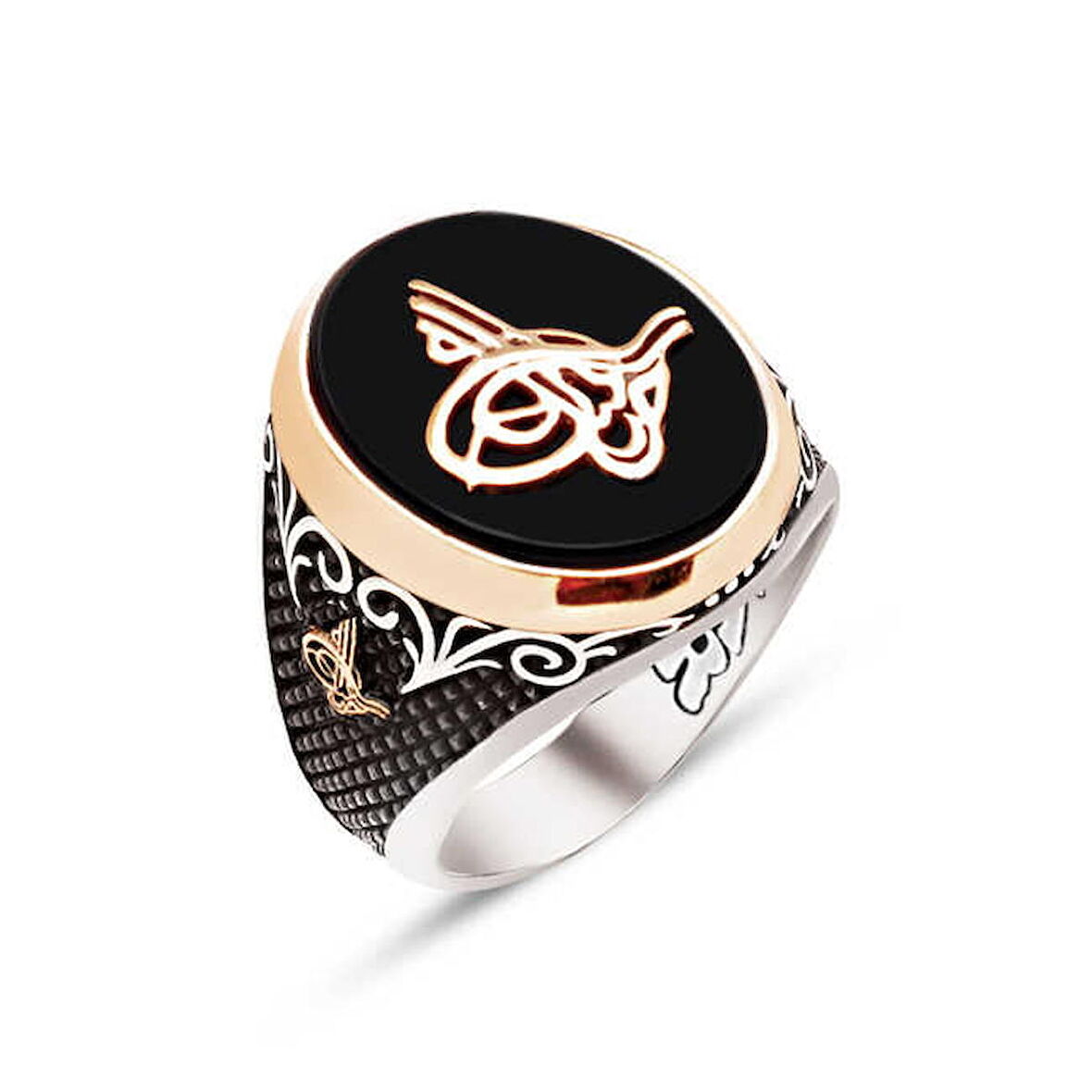 Amberkan ​Gümüş Özel Kesim Oniks Taş Üstü ve Kenarları Osmanlı Tuğralı İşlemeli Yüzük