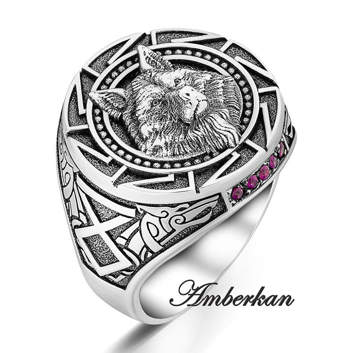 Kırmızı Zirkon Taşlı Kurt Başlı ve Kurt Figürlü Gümüş Yüzük