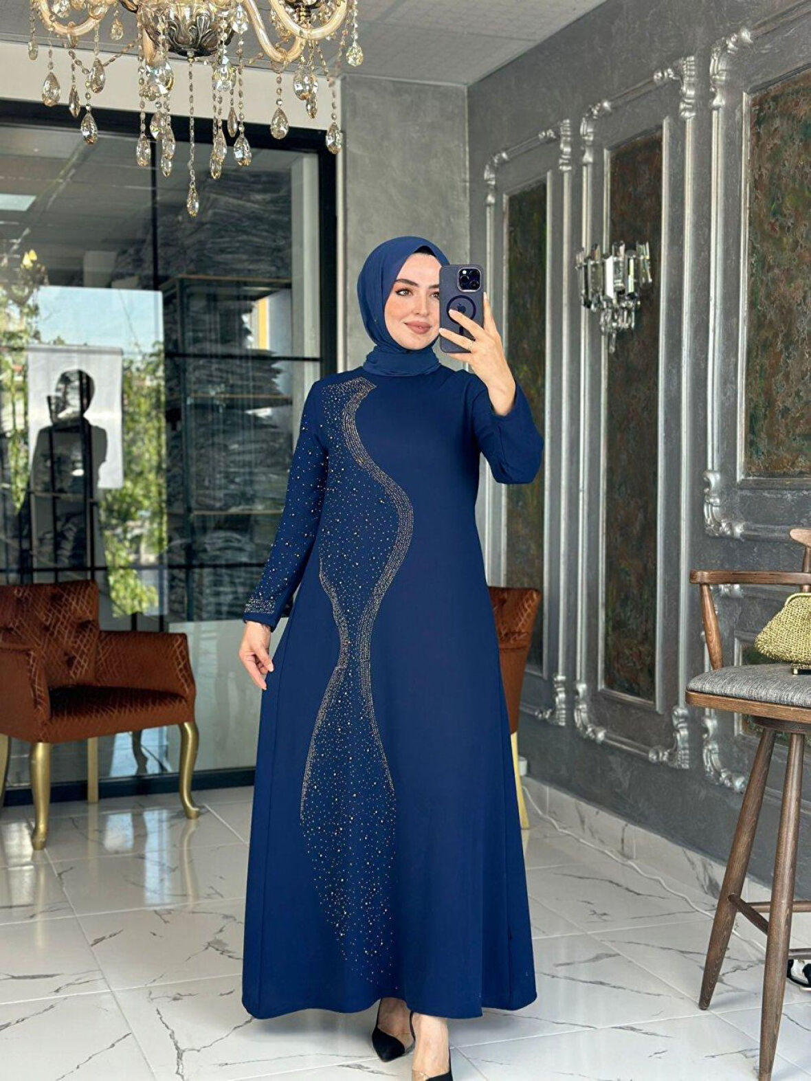 Halime Elbise Lacivert Beden 1-38-40