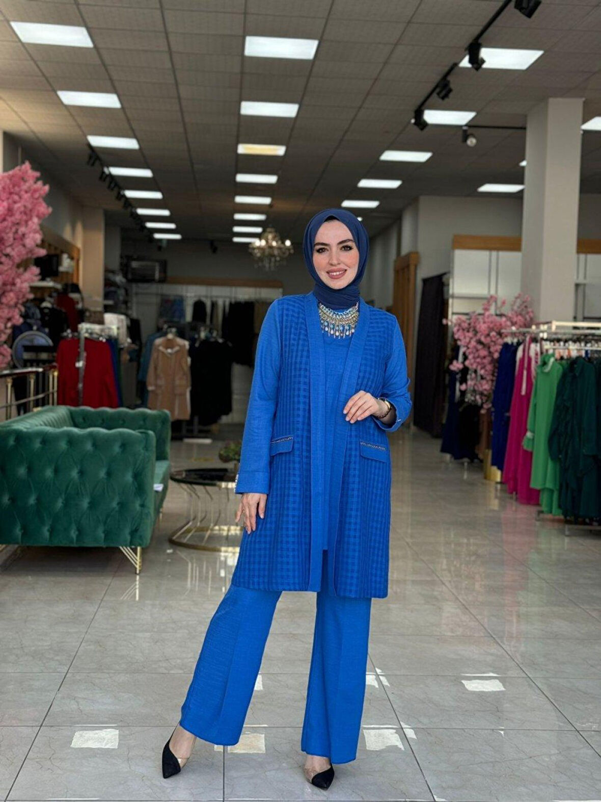 Üçlü Keten Takım Saks Mavisi Beden 50