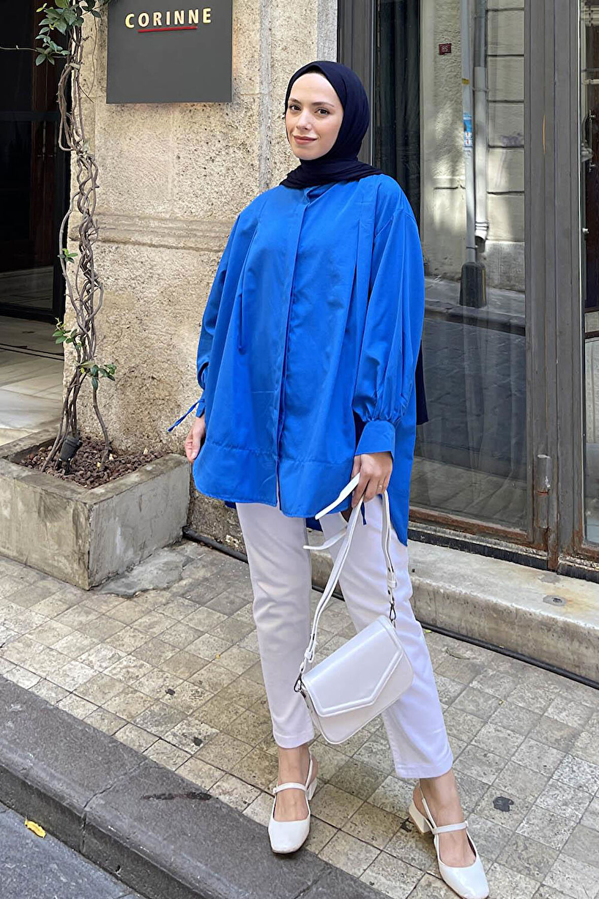 Manşeti Biyeli Tunik Saks Mavisi