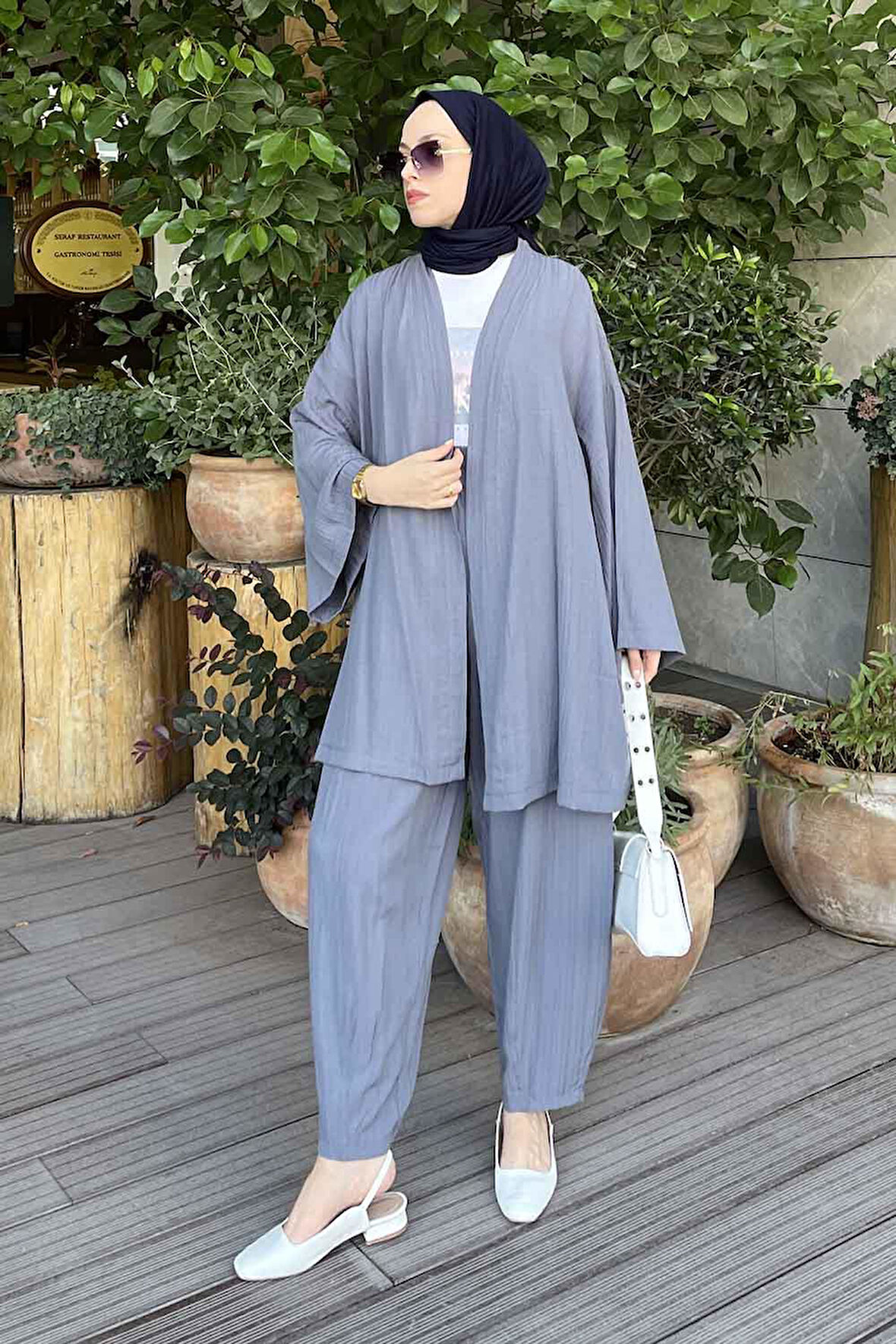 Gofre Kimono İkili Tesettür Takım Füme