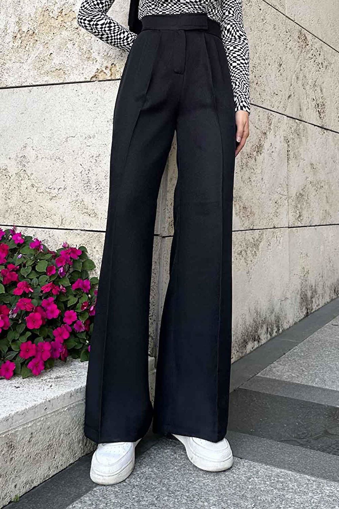 Beli Cırt Cırtlı Palazzo Model Pantolon Siyah