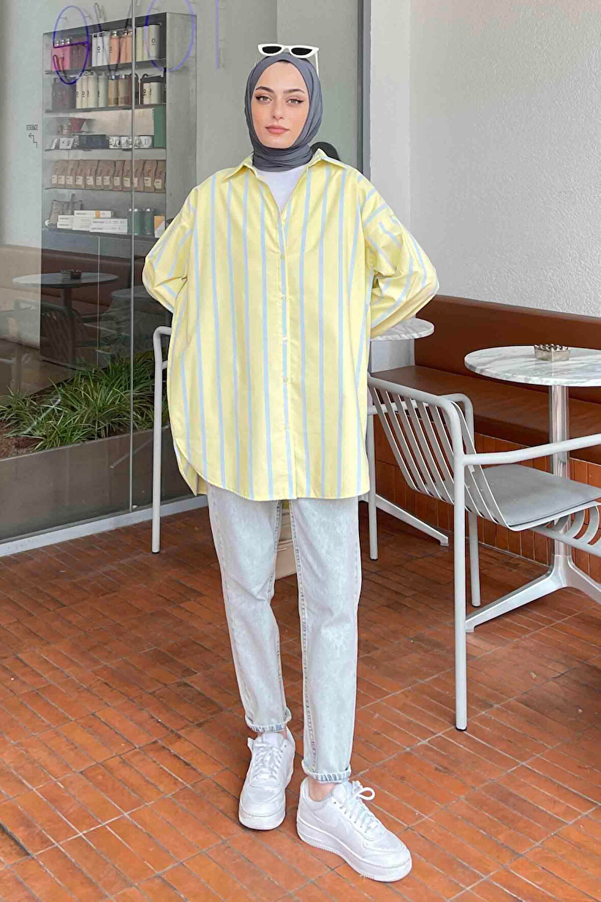 Oversize Kalın Çizgi Detaylı Gömlek Sarı