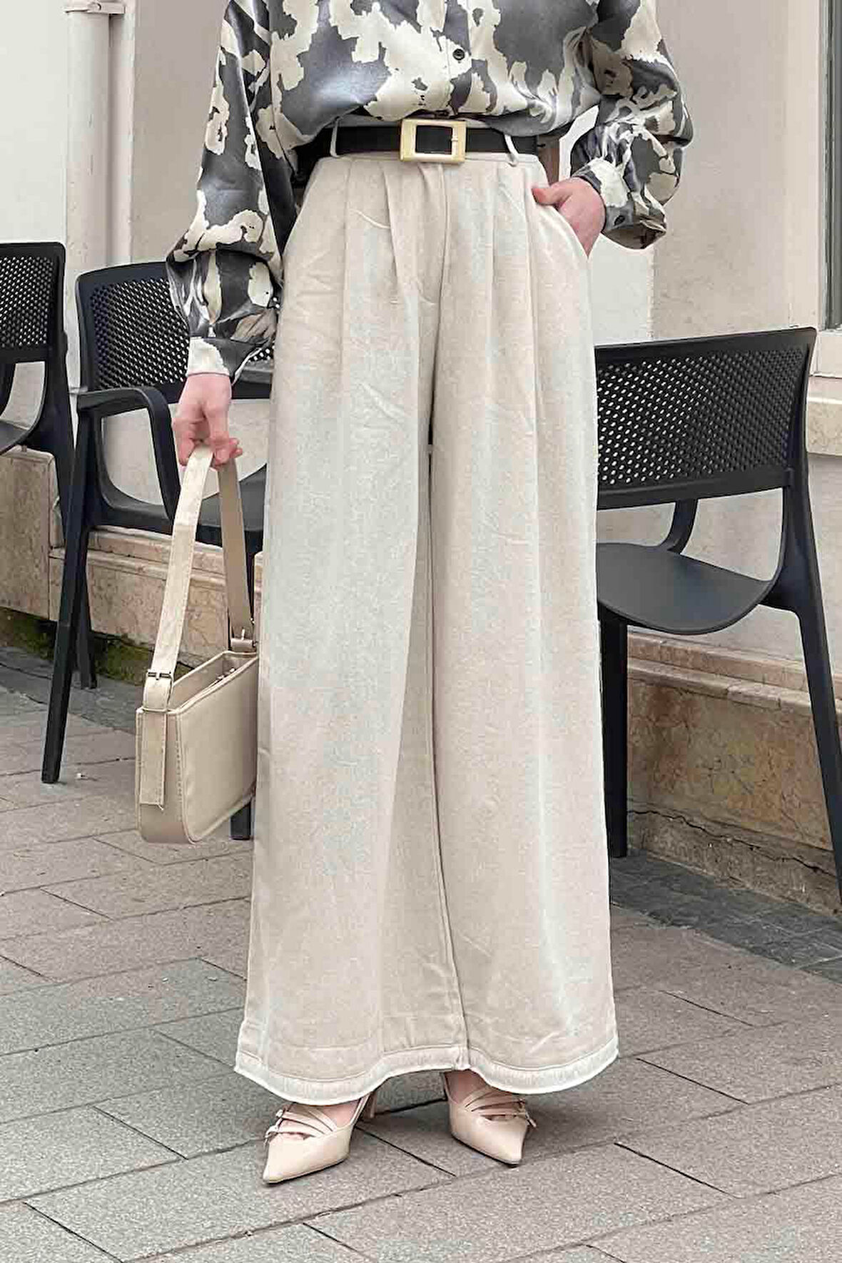 Paça İp Detaylı Bol Paça Keten Pantolon Bej
