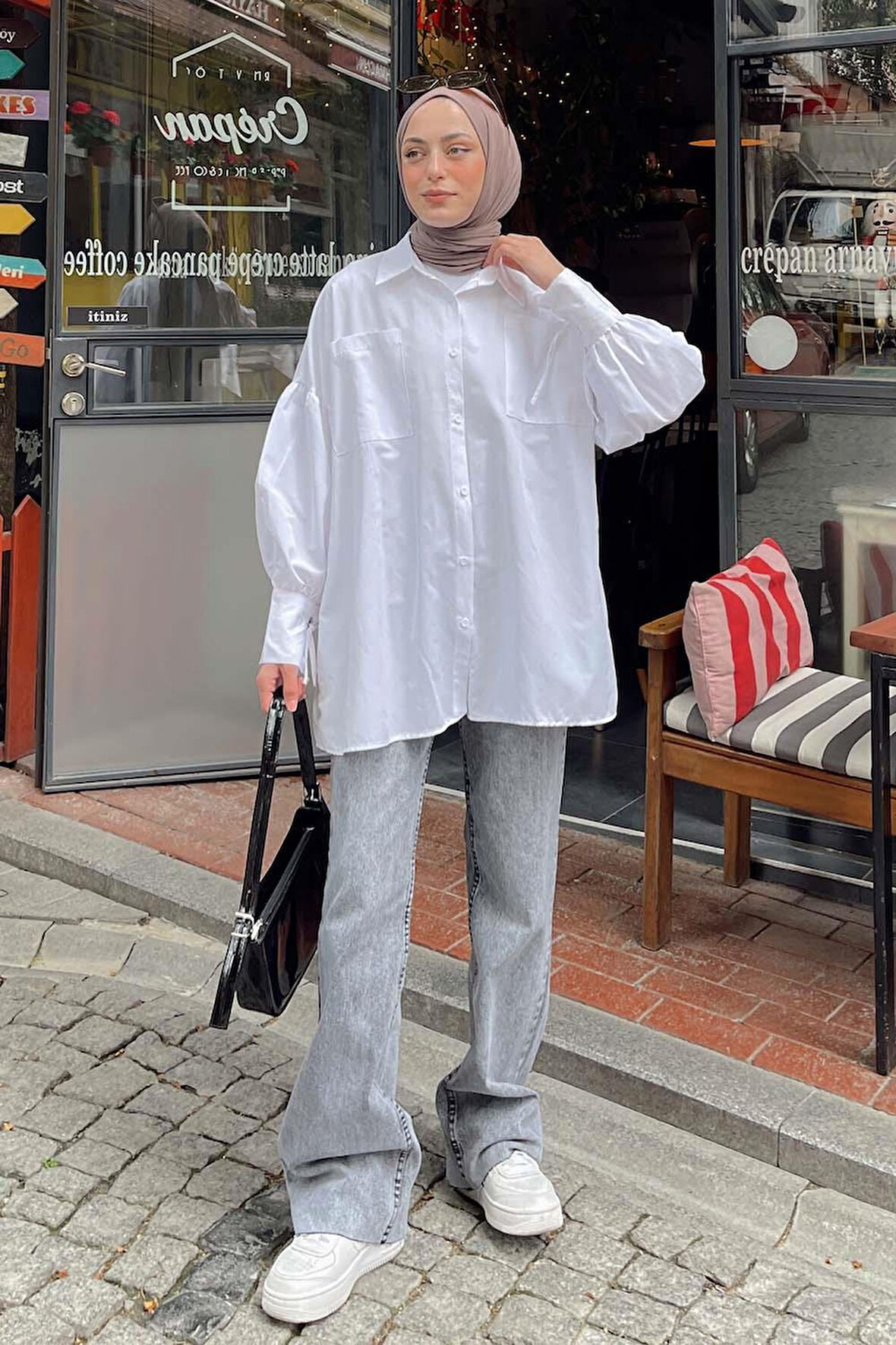 Kol Bağlama Detaylı Oversize Gömlek Beyaz