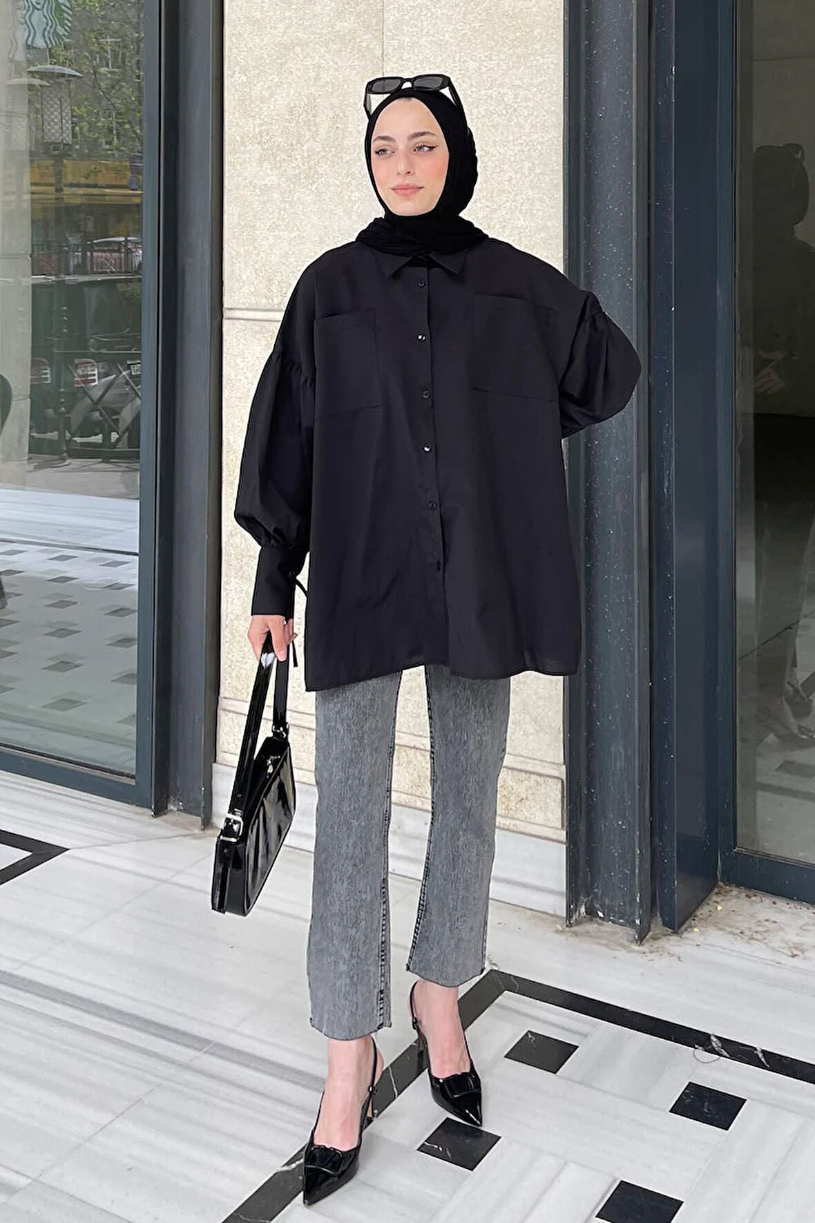 Kol Bağlama Detaylı Oversize Gömlek Siyah