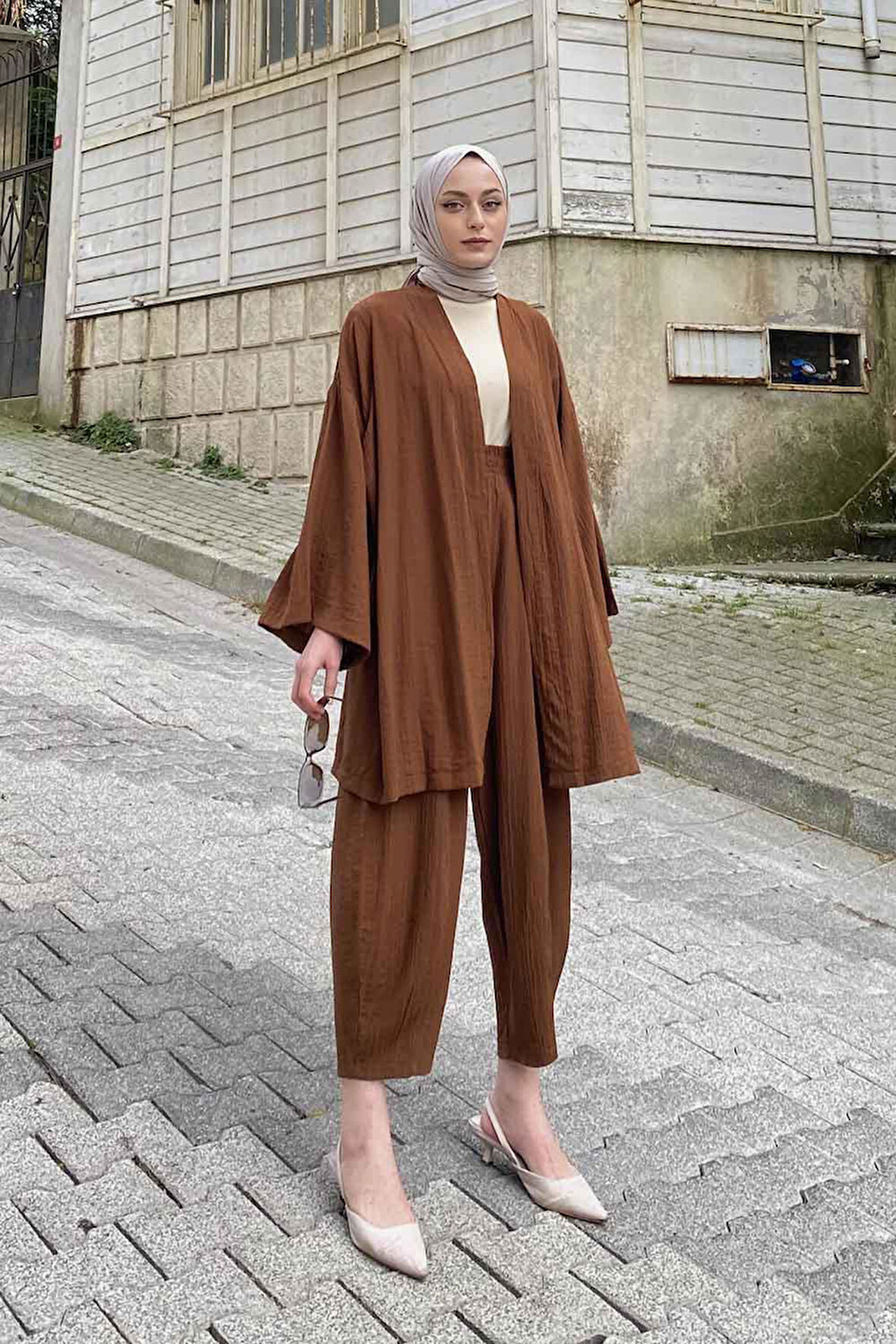 Gofre Kimono İkili Tesettür Takım Acı Kahverengi