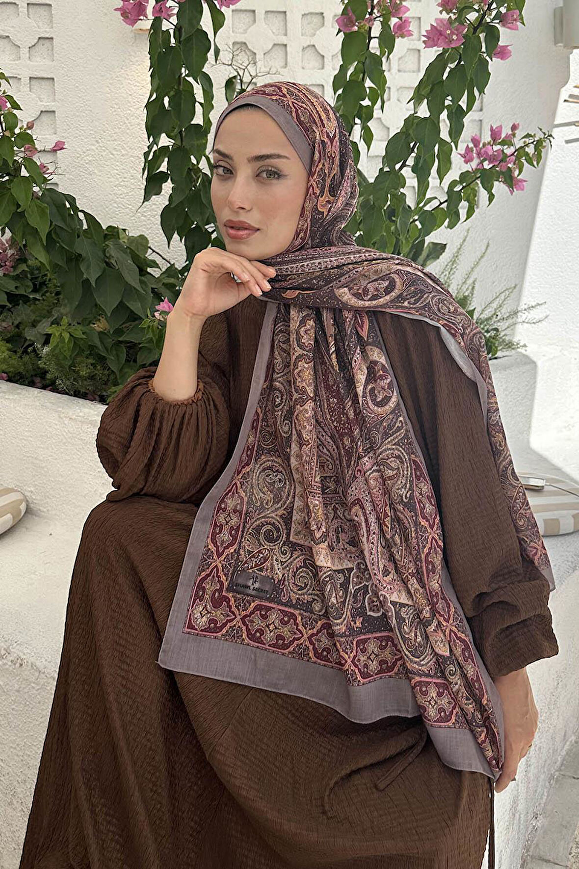 Retro Desen Pamuk Şal Toprak Bordo