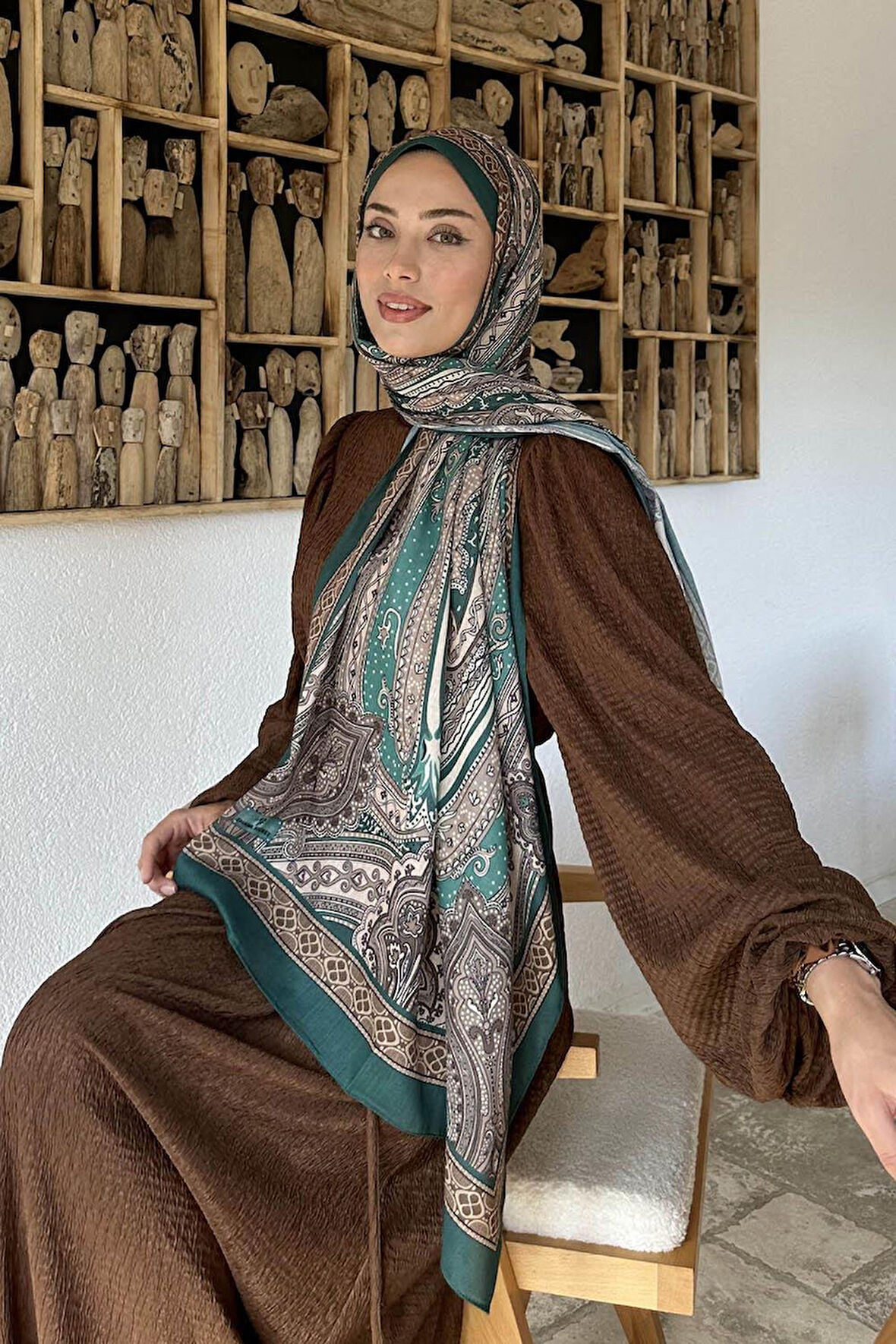 Retro Desen Pamuk Şal Zümrüt Yeşili