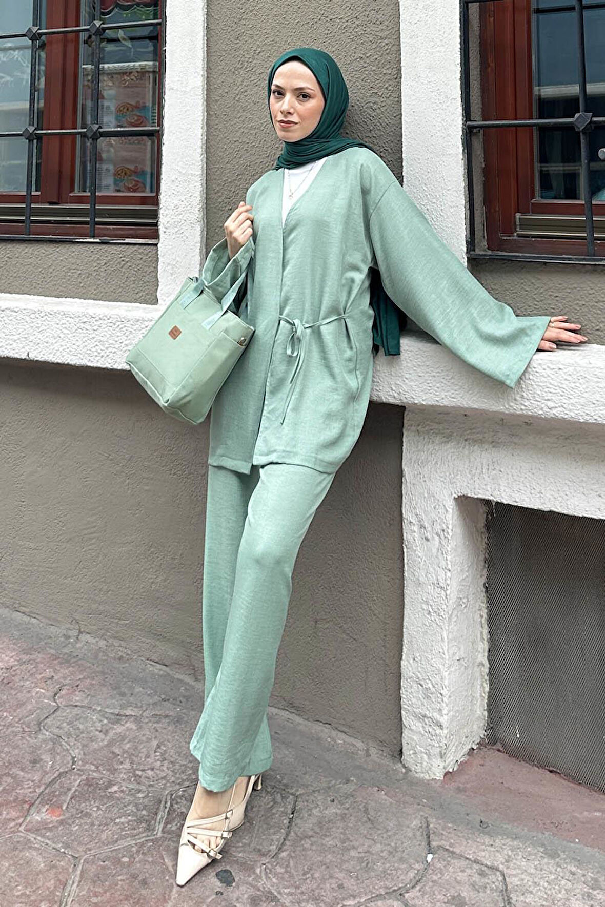 Bağlama Detaylı Kimono Tesettür Takım Mint Yeşili
