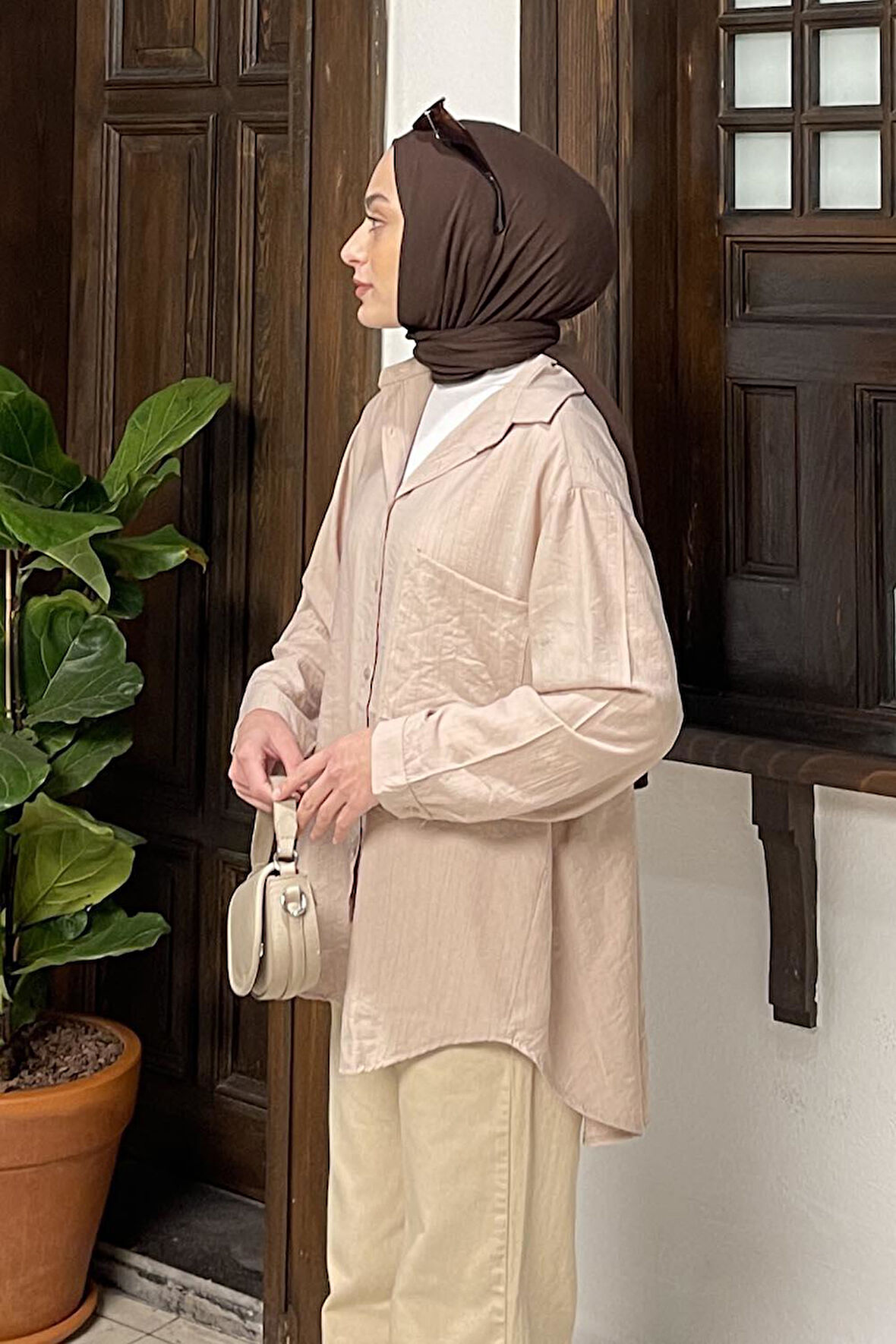Tek Cep Oversize Gömlek Bej