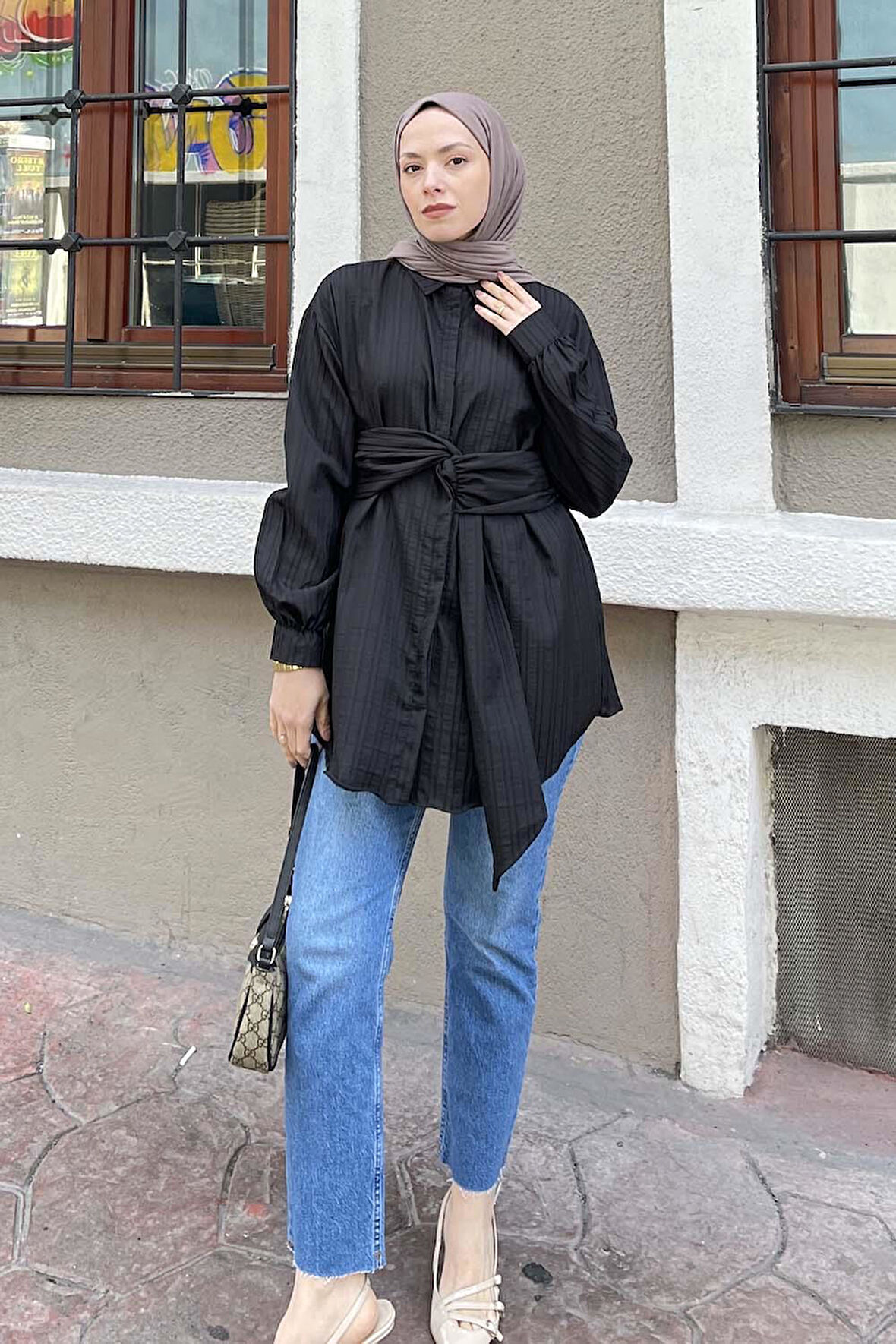Belden Bağlamalı Tunik Gömlek Siyah