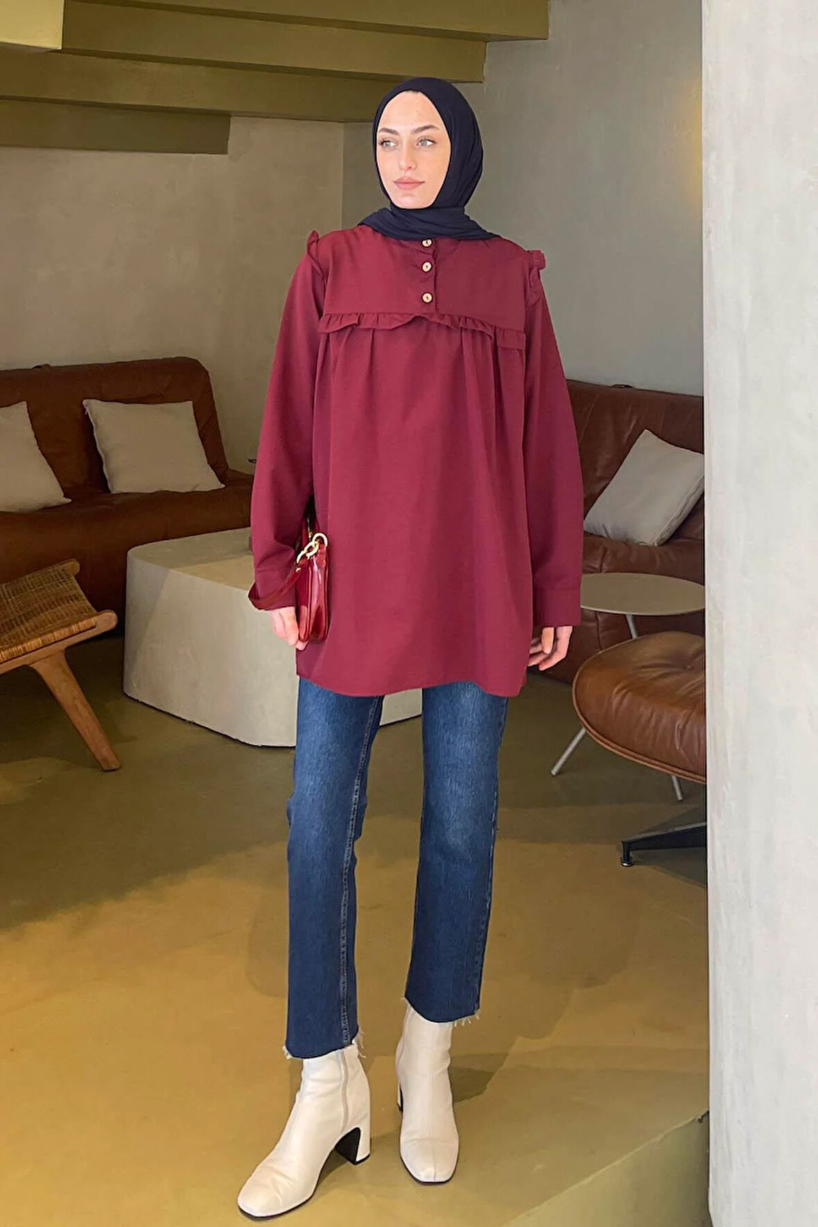 Hakim Yaka Önü Pileli Tunik Bordo