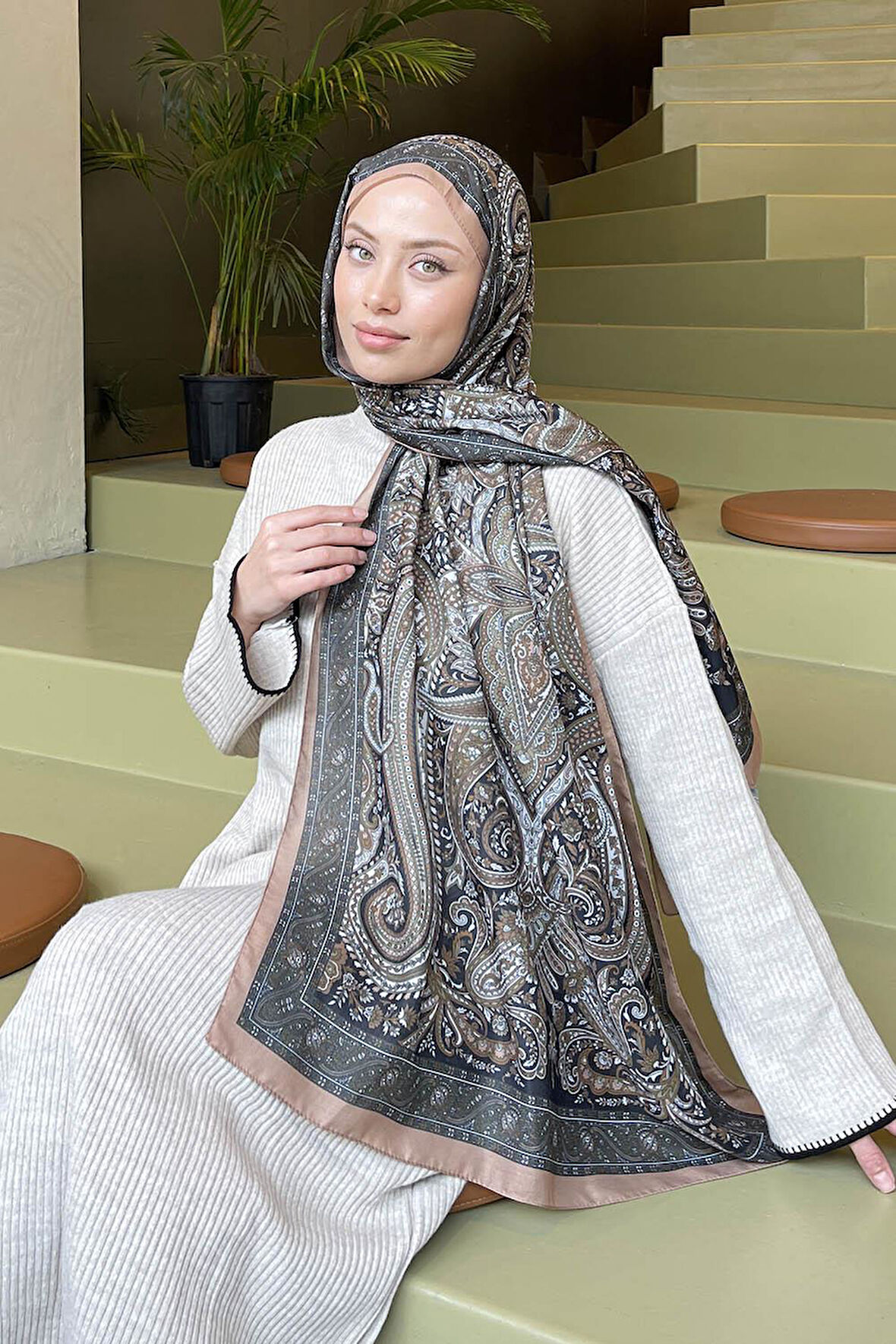 Retro Desen Soft Şal Camel