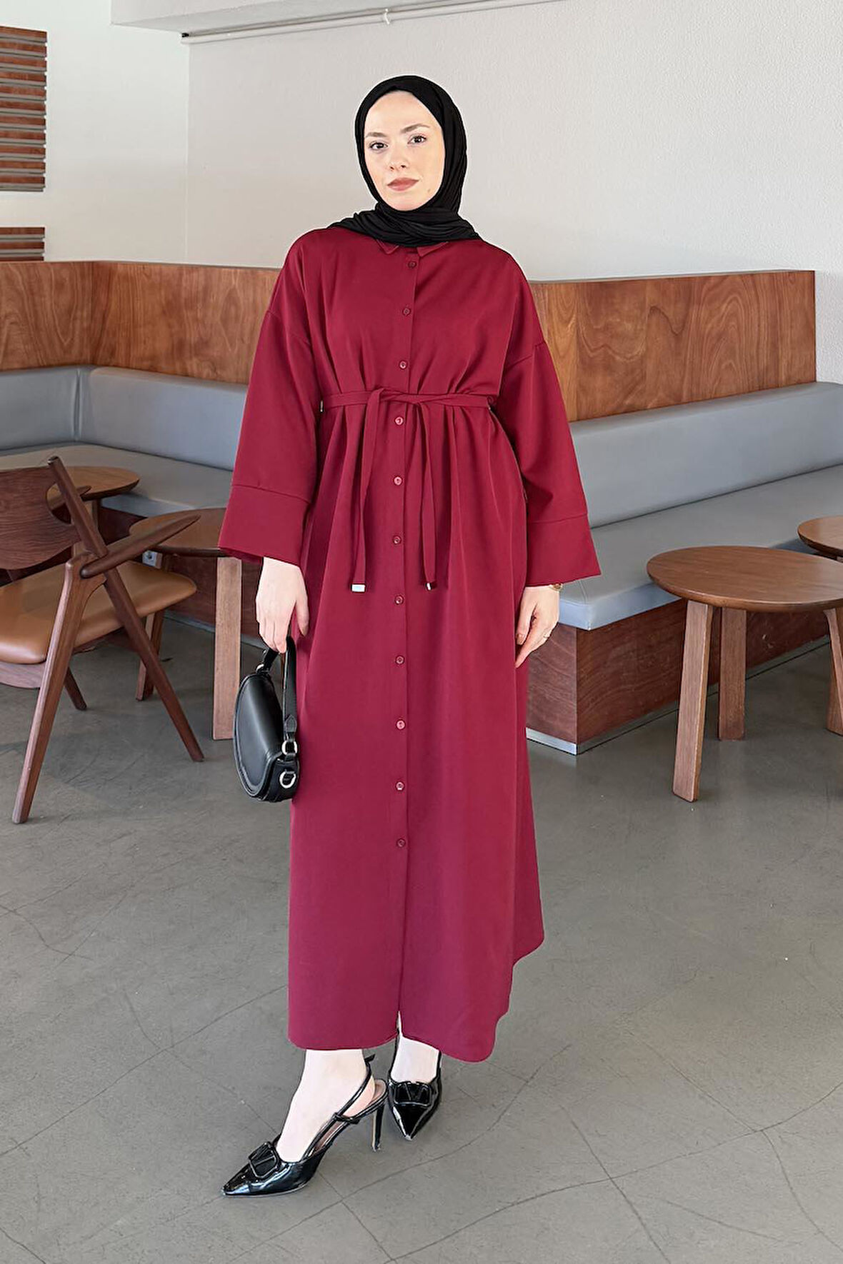 Takma Manşet Detaylı Dabıl Tesettür Elbise Bordo