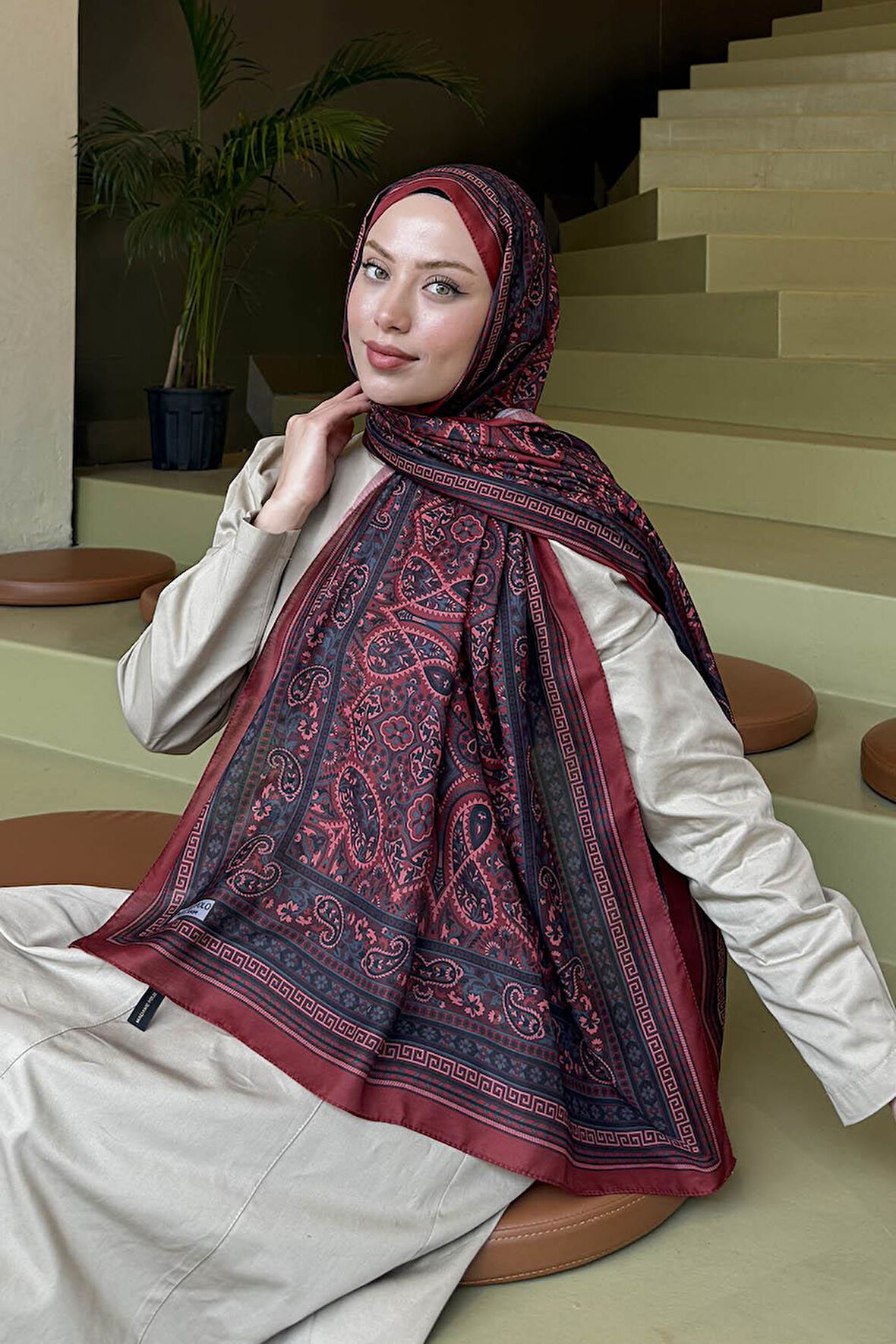 Retro Desen Soft Şal Bordo