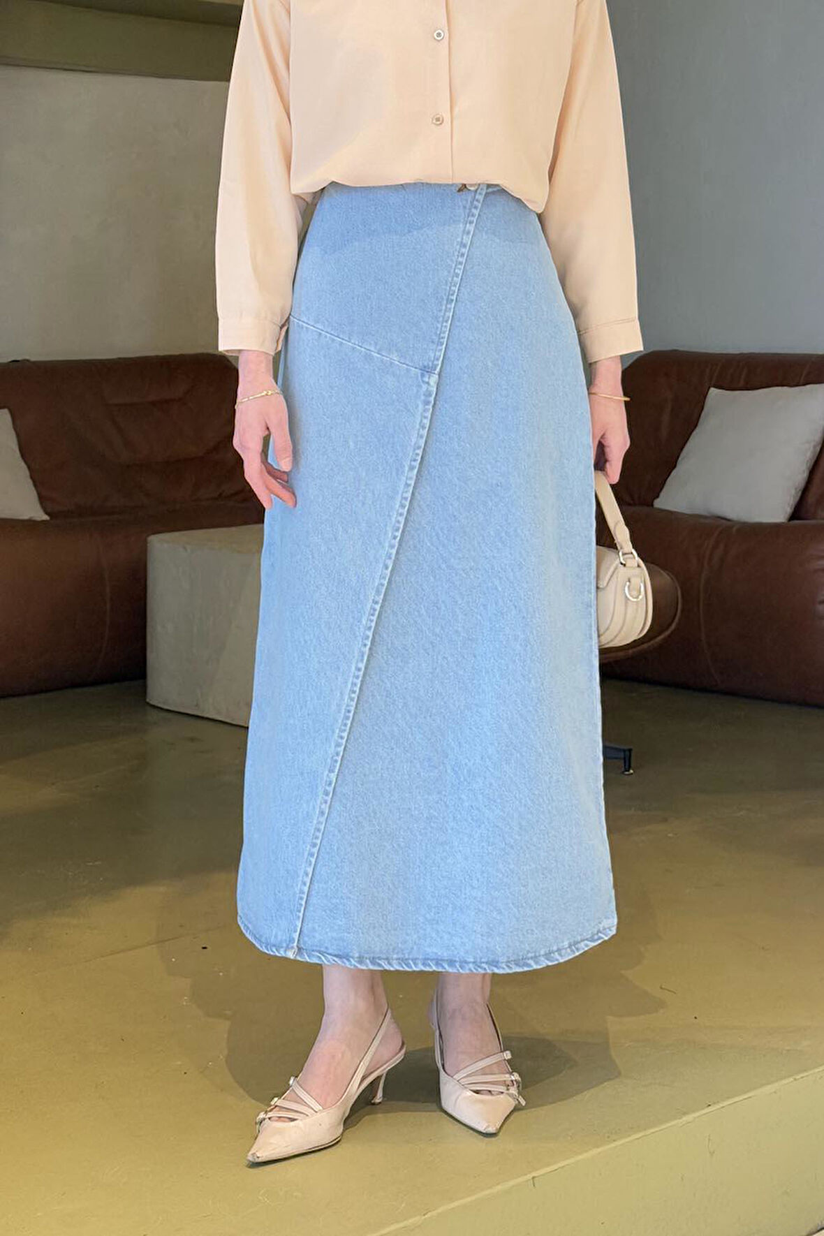 Kruvaze Kapama Tesettür Kot Etek Buz Mavisi