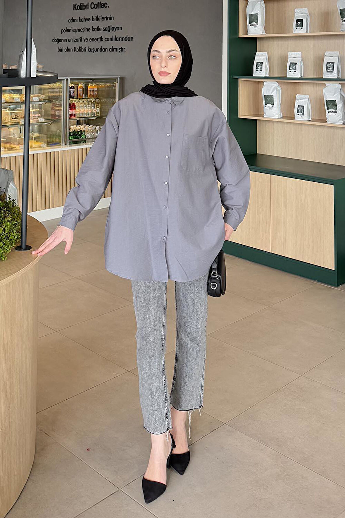 Lena Oversize Gömlek Füme