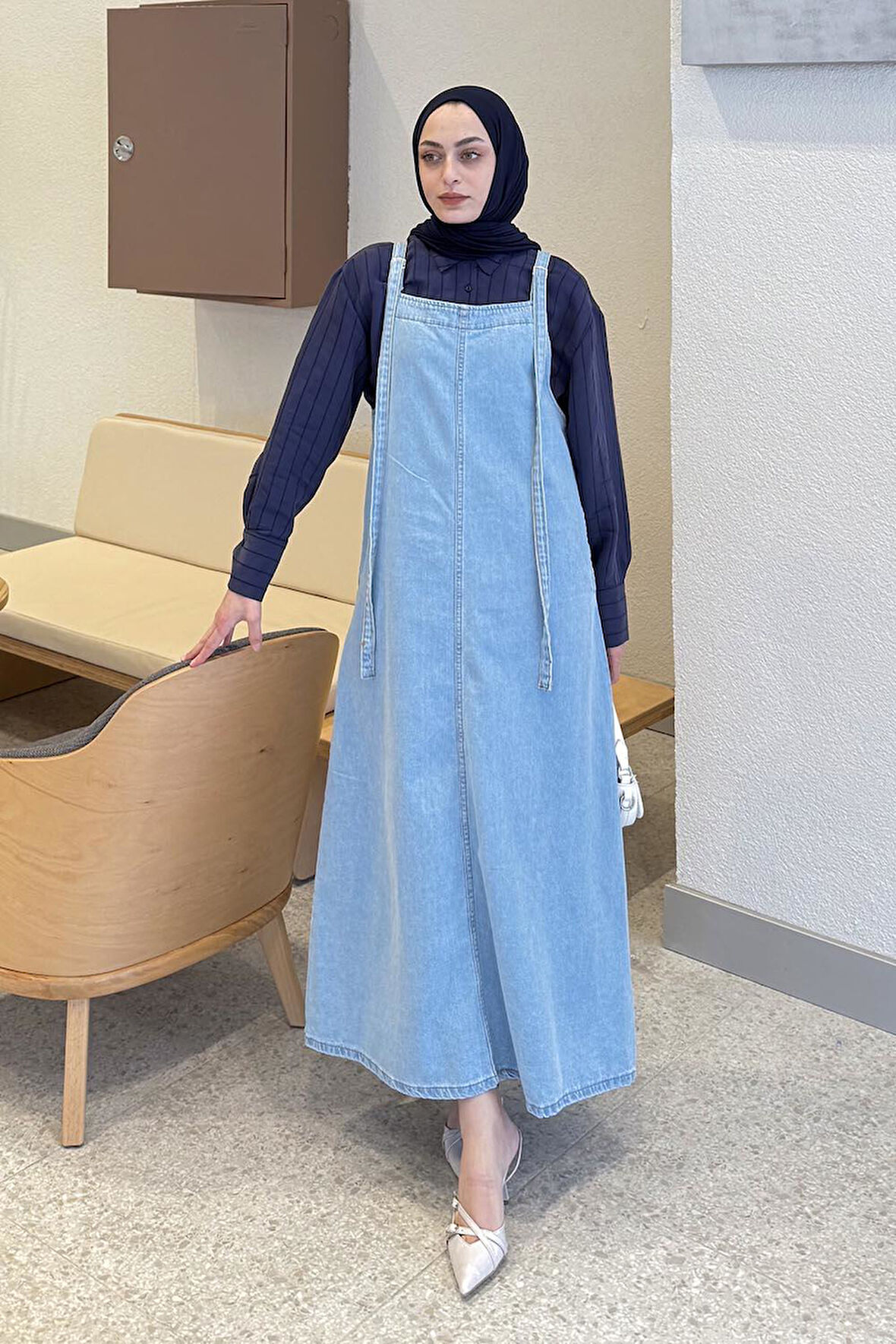 Askılı Denim Salopet Elbise Buz Mavisi