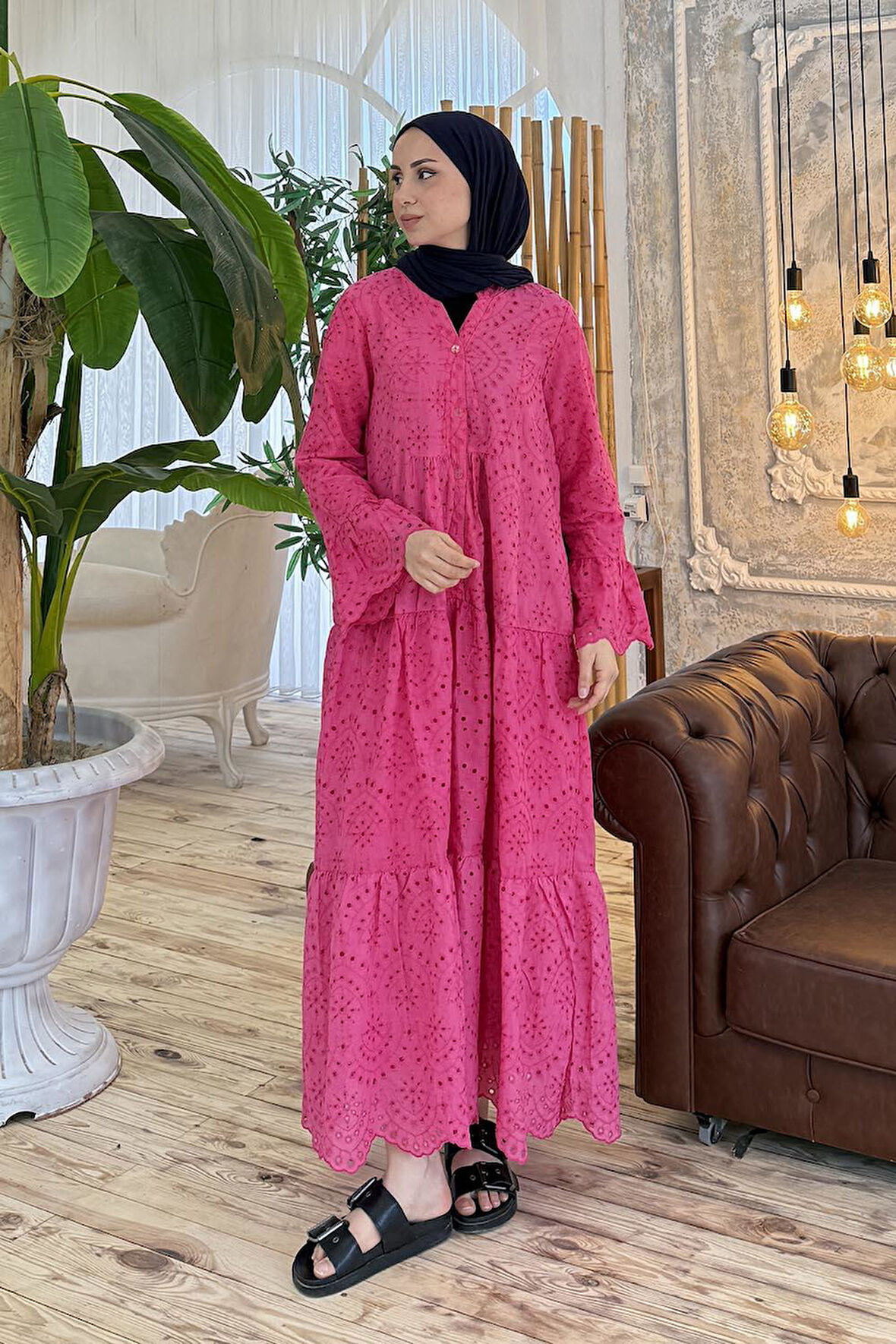 Düğmeli Çiçek İşlemeli Fisto Elbise Pembe